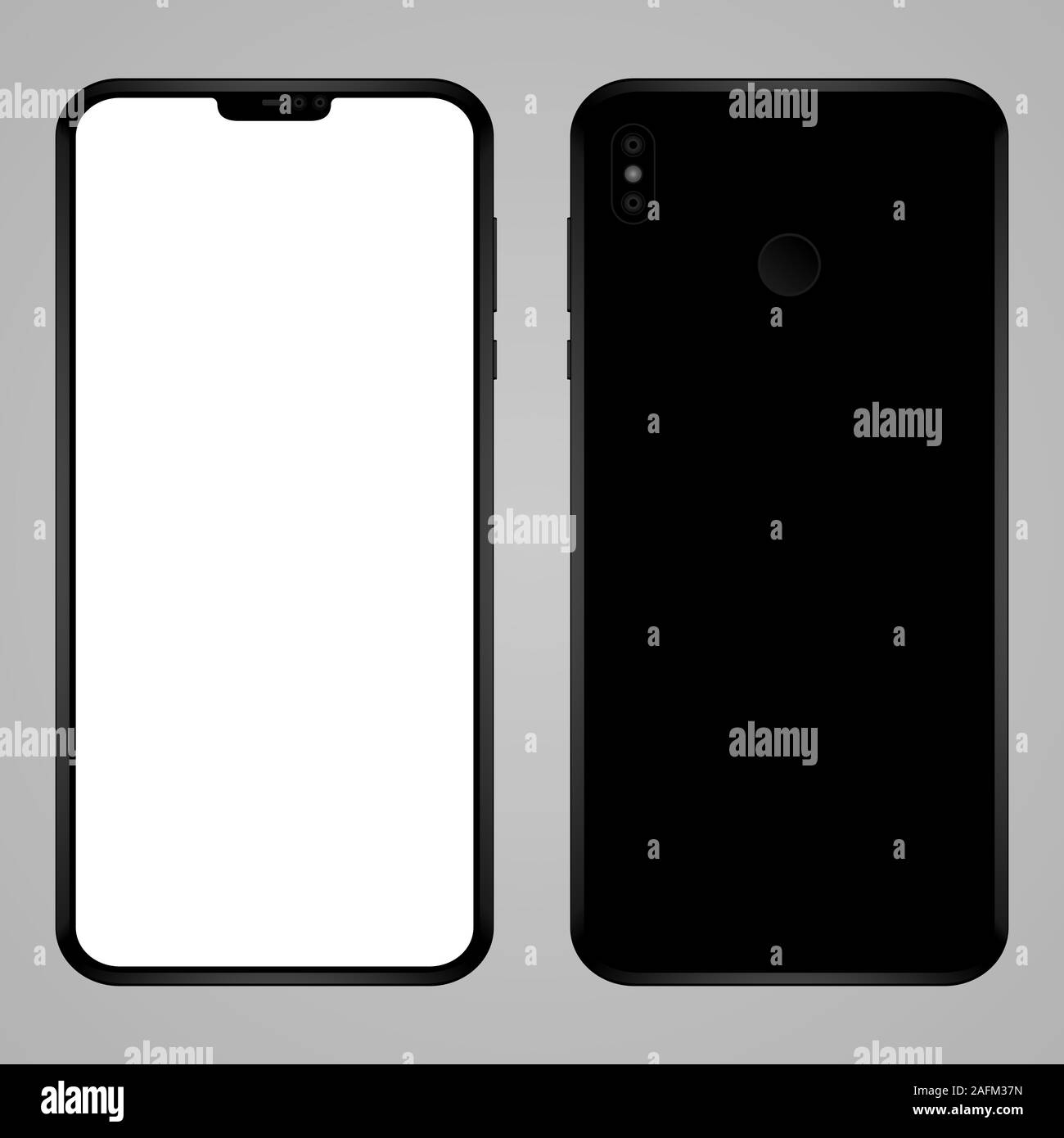 Smartphone nuovo colore nero con schermo vuoto isolato su sfondo bianco vettore mockup. Vista anteriore e posteriore del moderno telefono cellulare multimediale e Illustrazione Vettoriale