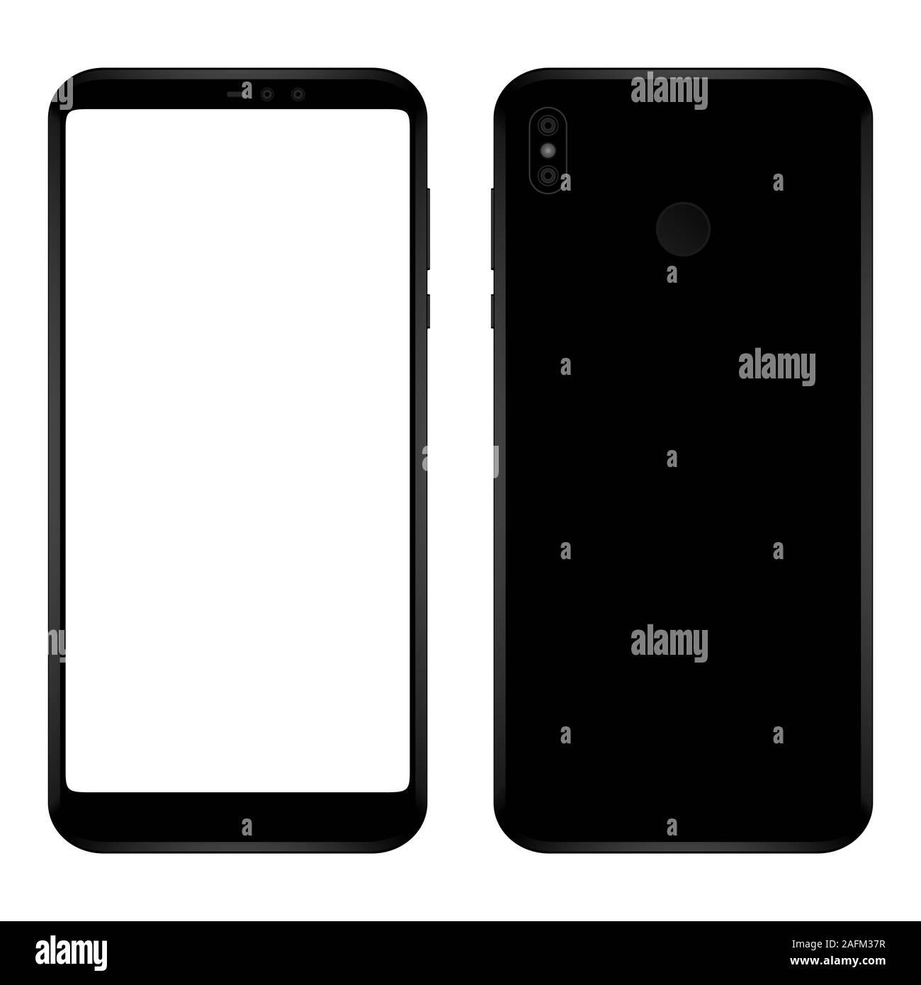 Smartphone nuovo colore nero con schermo vuoto isolato su sfondo bianco vettore mockup. Vista anteriore e posteriore del moderno telefono cellulare multimediale e Illustrazione Vettoriale