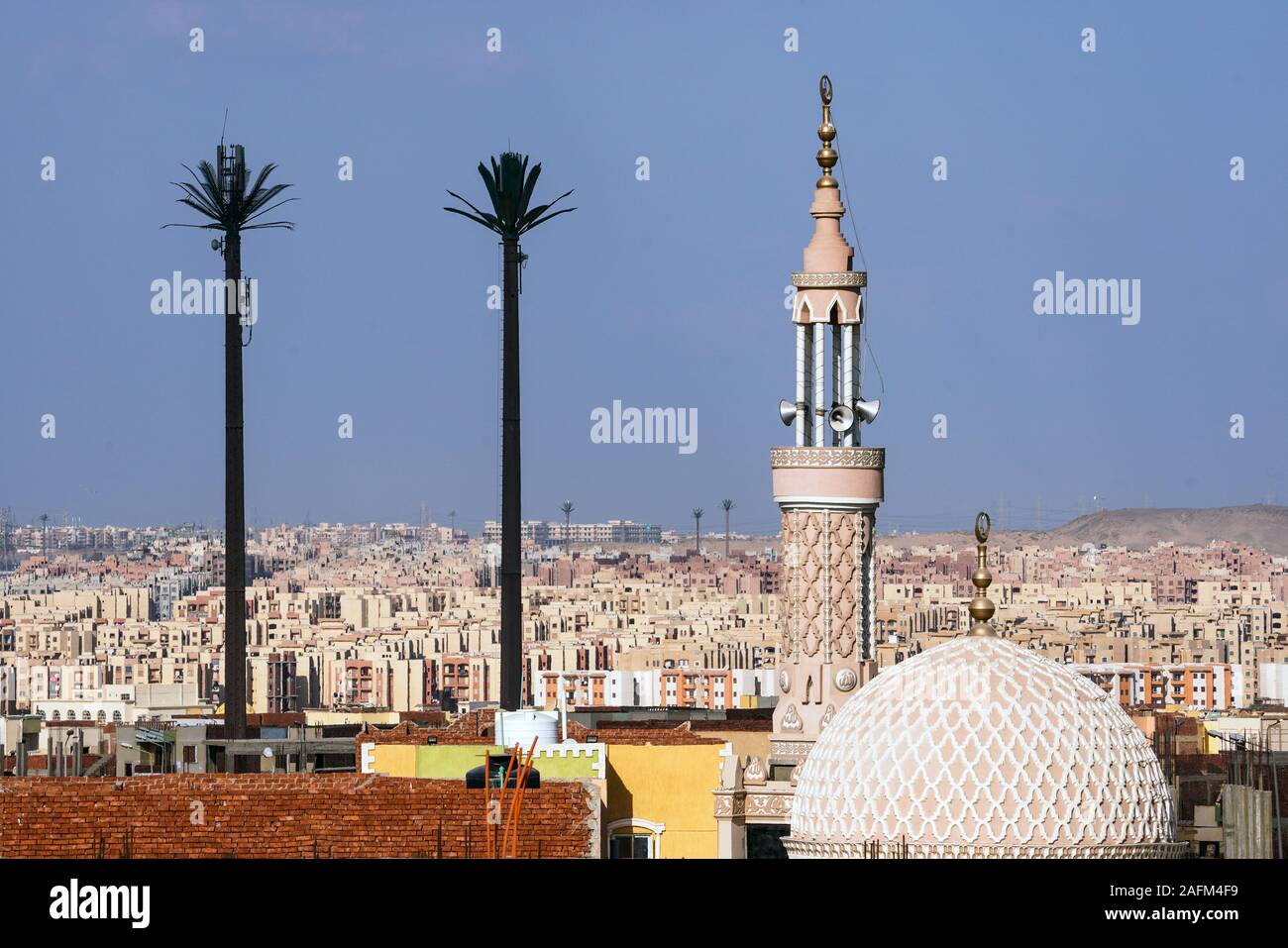 Telefono cellulare torre dissimulata come un Palm tree accanto a un minareto di una moschea nella nuova città satellite 6th.ottobre vicino al Cairo, Egitto Foto Stock
