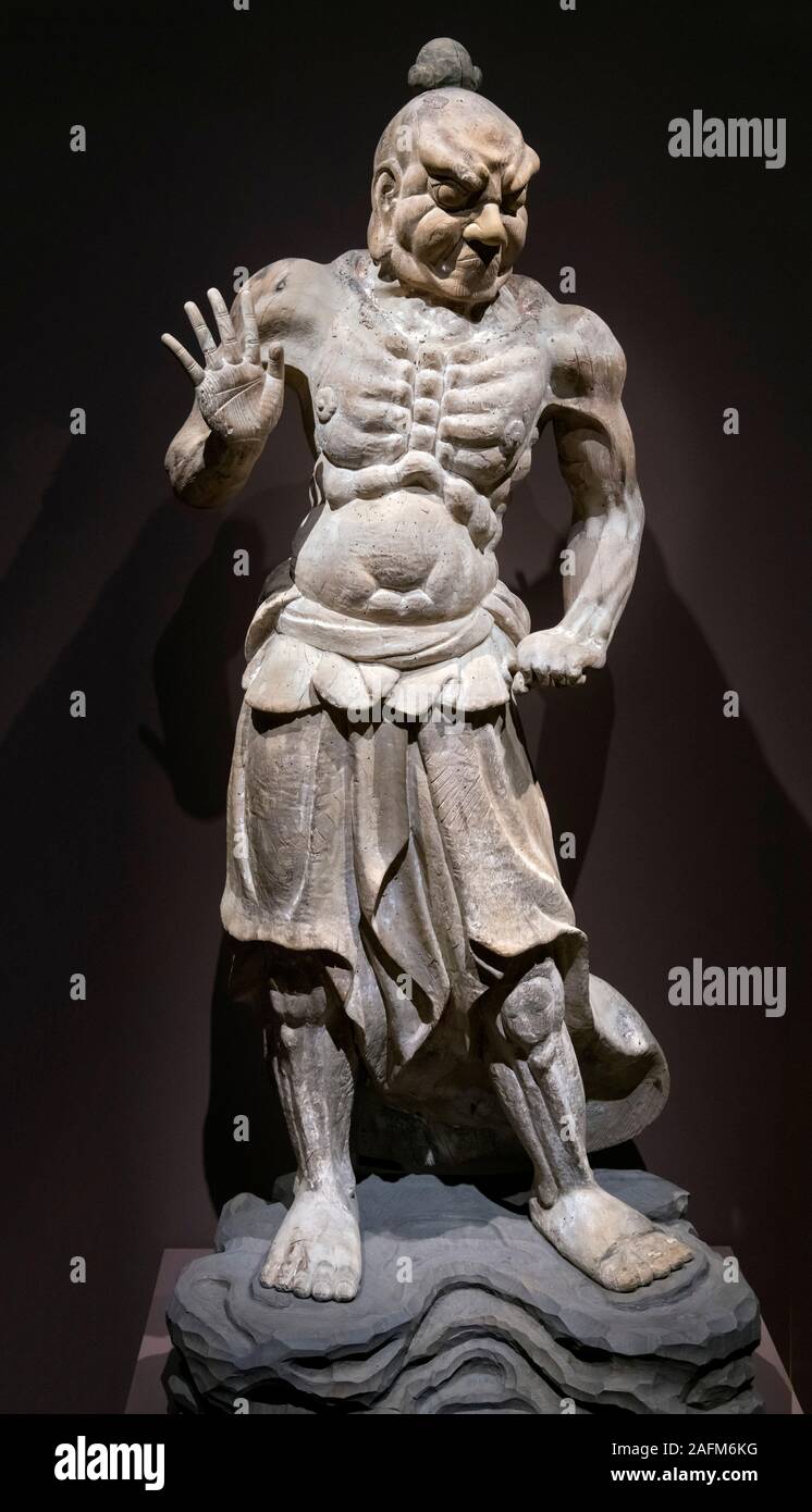 Custode buddista statua. Vicino a bocca di lupo custode King (Nio, Ungyo), Giappone, nella prefettura di Shiga, periodo Kamakura (1185-1333), di castagno e cipresso. La statua è sul display in Cleveland Museum of Art, Ohio, Stati Uniti d'America Foto Stock