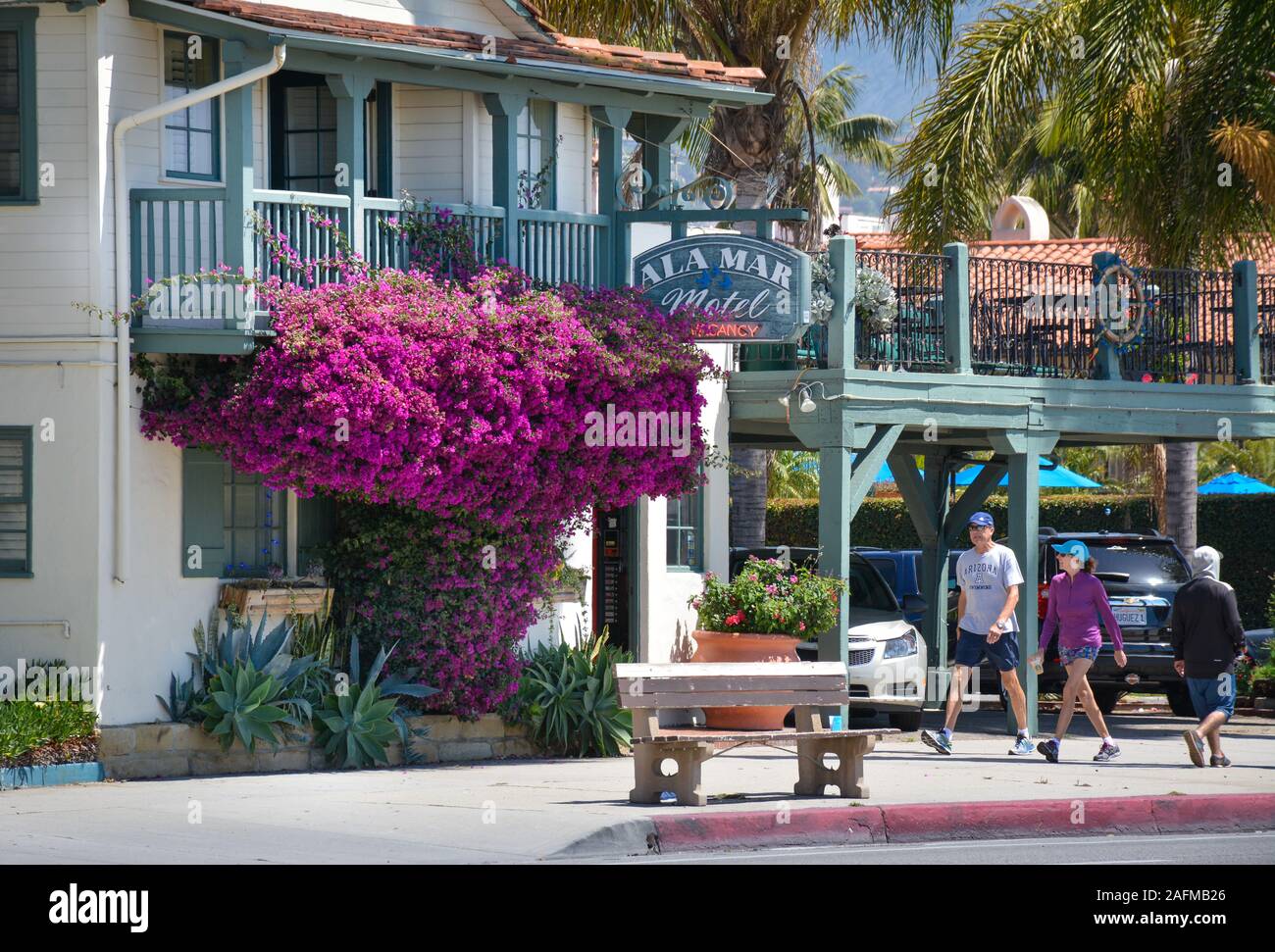 Un impressionante magenta Bougainvillea impianto all'ingresso della pittoresca ala Mar Motel sulla popolare Cabrillo Boulevard a Santa Barbara, CA, Stati Uniti d'America Foto Stock
