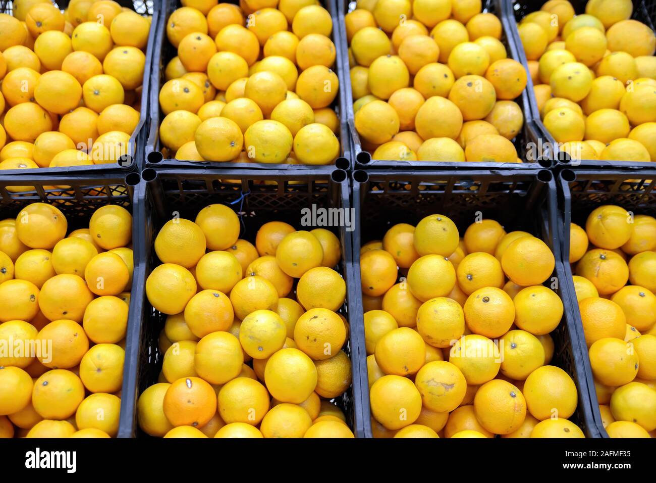 Raccolto di pompelmo. Texture di sfondo: giallo e arancio pompelmo. Pompelmo su un fruttivendolo ripiano, close-up. Frutta esotica in un supermercato. Foto Stock