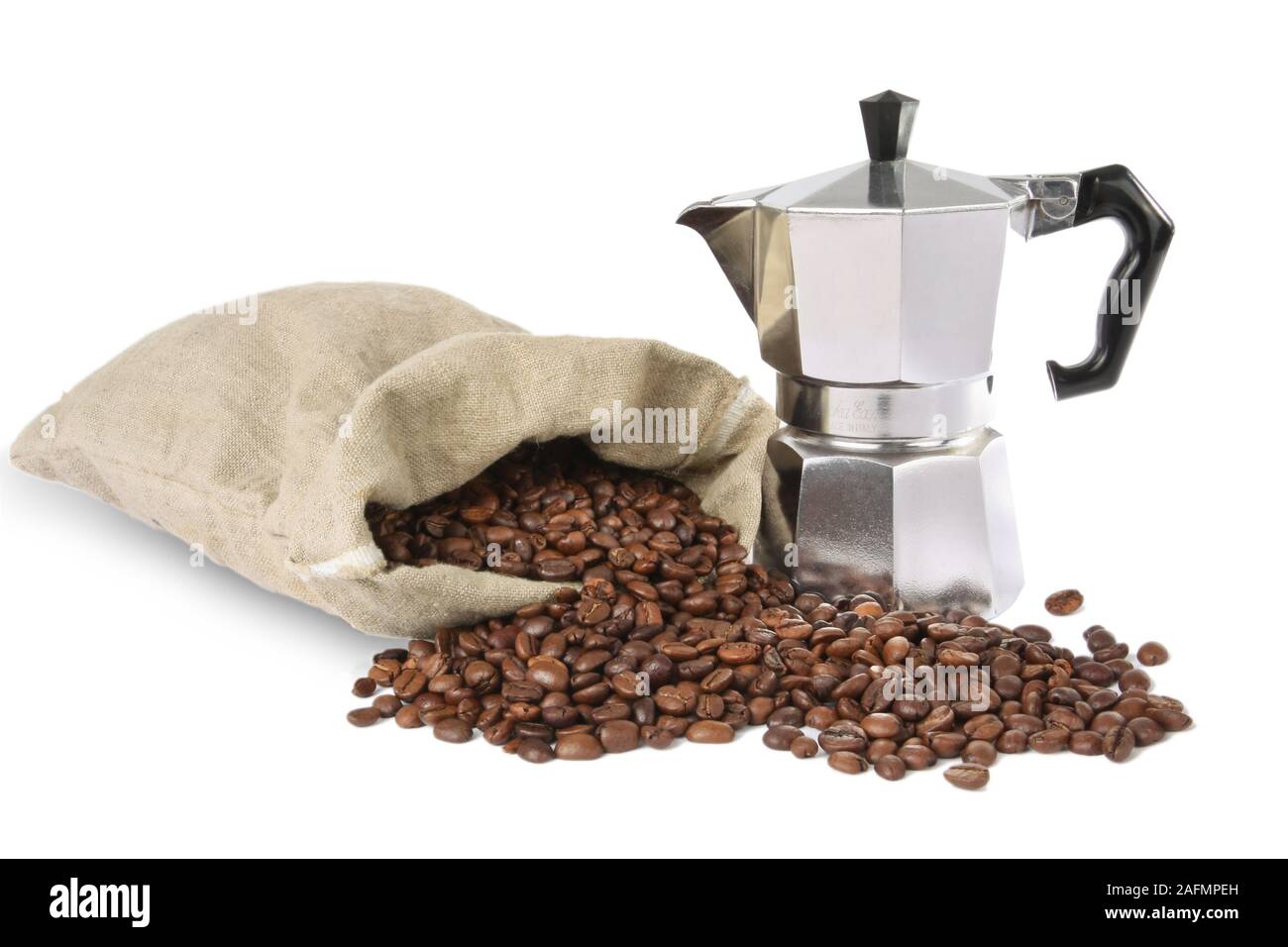 Il caffè in chicchi con caffettiera espresso Foto Stock