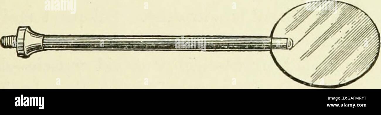 . Elettricità pratico in medicina e chirurgia. Fig. 230.-nasale elettrodo. il naso sono suscettibili al trattamento elettrolitico. Hartmannhas registrate di recente la sua esperienza positiva con il galvaniccurrent nella rinite ipertrofica e Voltolini ha rimosso nasalpolypi mediante elettrolisi. Nel caso di polypi e othertumors della cavità nasale, tuttavia la galvano-cauterizzazione offerssuch eccellenti vantaggi che è improbabile che possa essere sostituita byany del lento e forse meno efficiente di misure. Fig. 230 mostra un elettrodo utilizzato nel catarro ipertrofica. Malattie della lingua.Le ulcere, pa Foto Stock