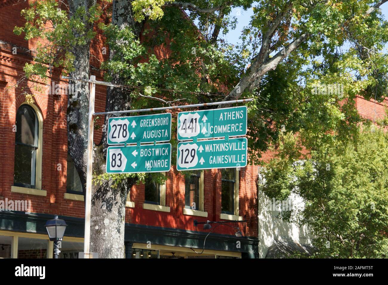 Cartello stradale nel centro di Madison, GEORGIA, STATI UNITI D'AMERICA Foto Stock