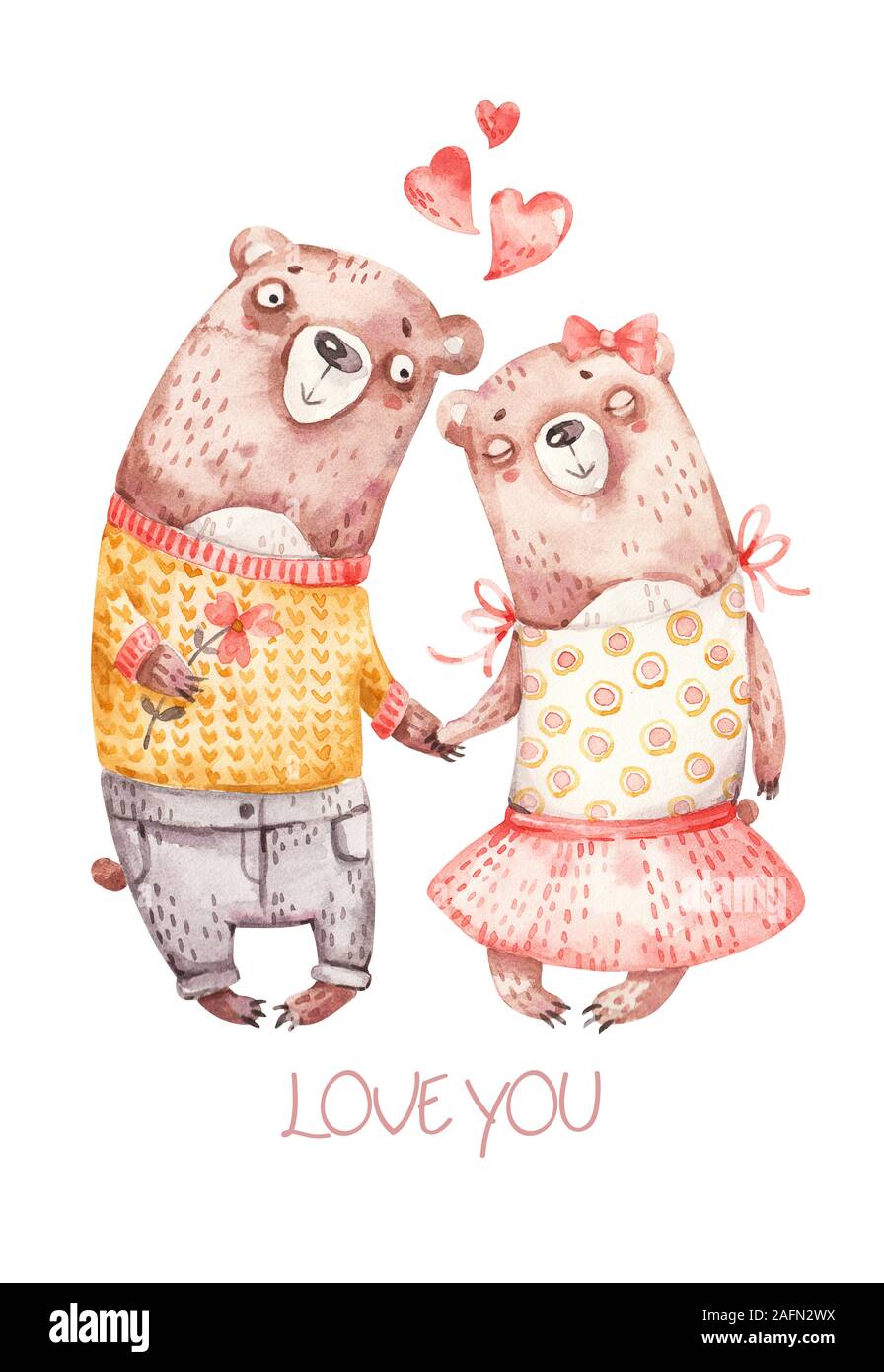 Carino acquerello dipinte a mano materna giovane marrone abbracciando gli amanti della porta. Bel dipinto a mano biglietto di auguri per il giorno di San Valentino. Amare gli animali con sentire Foto Stock