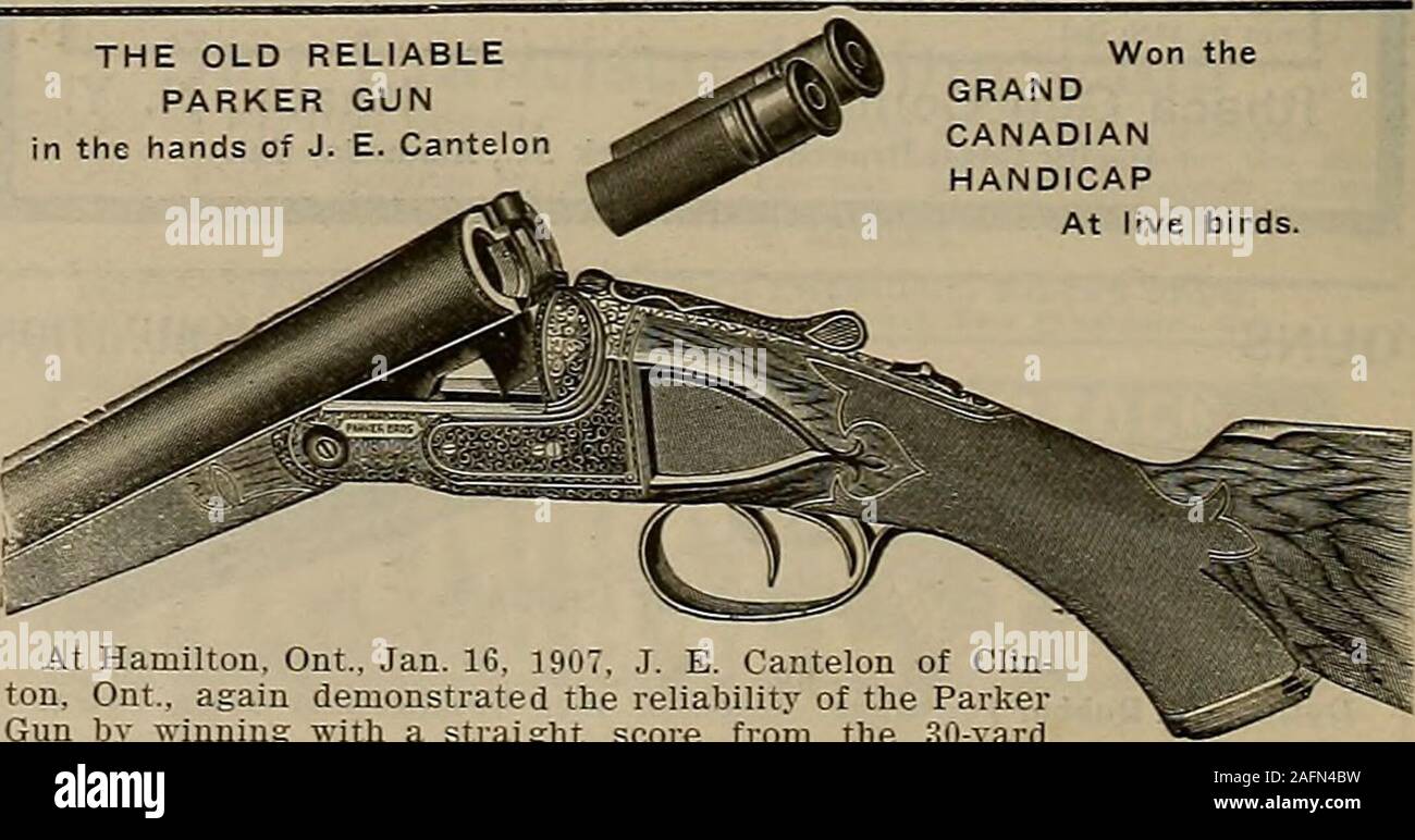 . Allevatore e sportivo. Bracci di Hunter Co., - - Fulton, N. Y.PHIL. B. BEKEART, CO., Inc. Ufficio temporaneo: No. 1346 Park San, Alameda, Cal.(costa del Pacifico il ramo 1A. J. raggiungere Co., Ithaca Gun Co., Smith & Wesson. E. C. Cook & bro-?Iarlm armi da fuoco Co., Markham Air Rifle Co., Daisy Mfg. Co., ideale Mfe Co pistola ridgeport implementare Co., Iyer Johnsons braccia e cicli di opere, prosciutto- IL VECCHIO AFFIDABILE PISTOLA PARKER nelle mani di J. E. Cantelon. A Hamilton, Ont., gen. 16, 1907, J. E. Cantelon di Clin-ton, Ont., nuovamente dimostrato l'affidabilità del ParkerGun vincendo con un rettilineo di punteggio del 30-yardmar Foto Stock