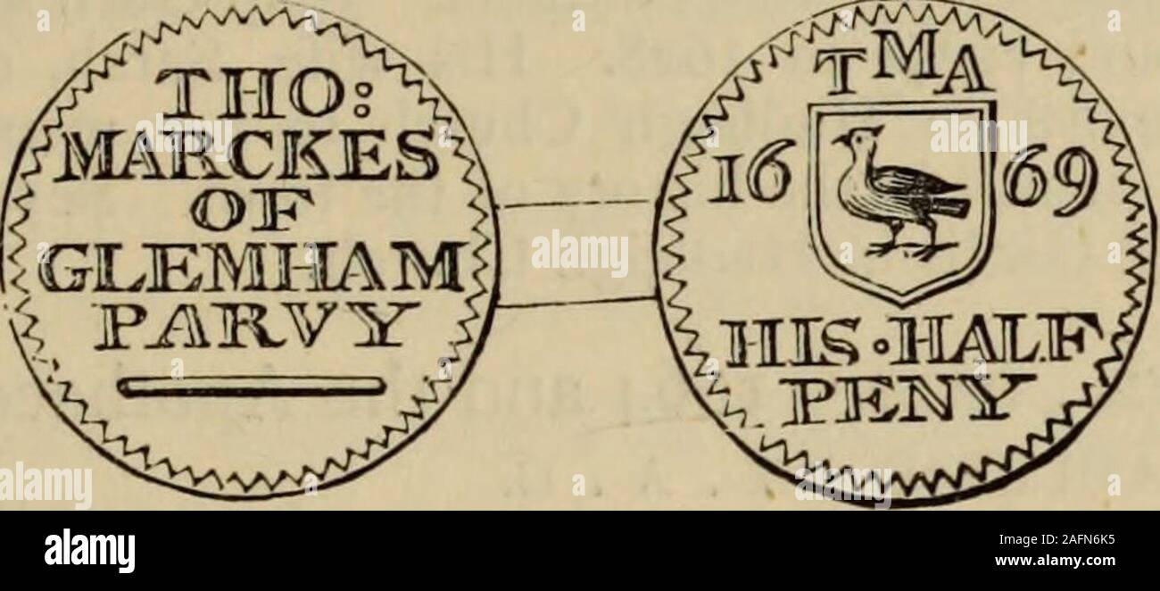 . I token di commercio rilasciata nel XVII secolo in Inghilterra, Galles e Irlanda. ch. 128. O. Francesco . Irlanda = un castello. R. IN . FRAMLINGHAM = F . I. L'Irlanda la famiglia risiedeva anche qui per un lungo periodo. In churchwardensaccounts del 1557, John Irelonde è menzionato come uno dei churchwardensselling la plaie per le riparazioni della chiesa. Francesco Irlanda era uno dei jurorsin Corte Barone, 1629, ed è stato anche da un decreto del signore Protector Crom-bene e il suo consiglio, datato 20 marzo 1653, per l'assestamento dei terreni lasciati da SirRobert Hitcham, cavaliere, di Framlingham e Saxted, cha Foto Stock