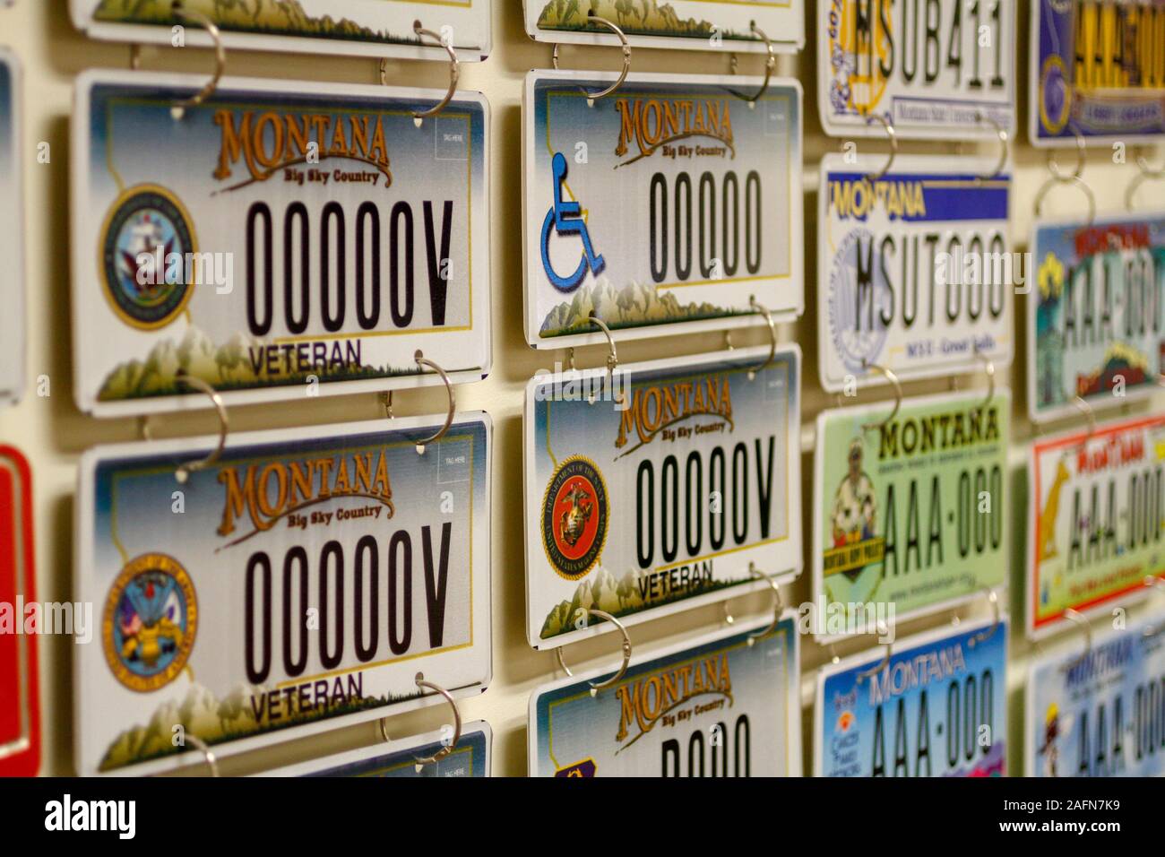 Un paio di molte e diverse varietà di piastre di licenza offerti nello Stato del Montana, Dipartimento di veicoli a motore, Helena, Montana, USA. Foto Stock