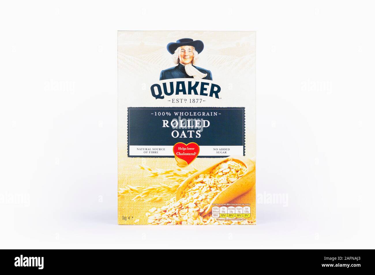Una scatola di Quaker fiocchi d'avena shot su uno sfondo bianco. Foto Stock