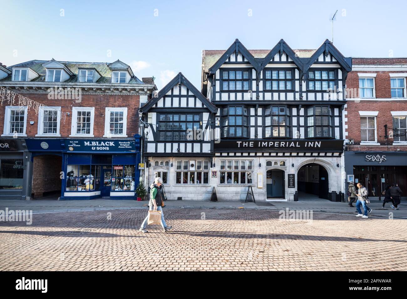Nero e bianco edificio con travi di legno, Hereford, England, Regno Unito Foto Stock