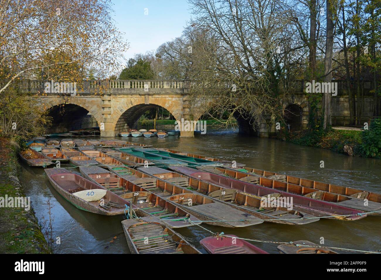 Molte sterline per il noleggio a Maddalena ponte sul fiume Cherwell in Oxford, UK, in bassa stagione. Foto Stock