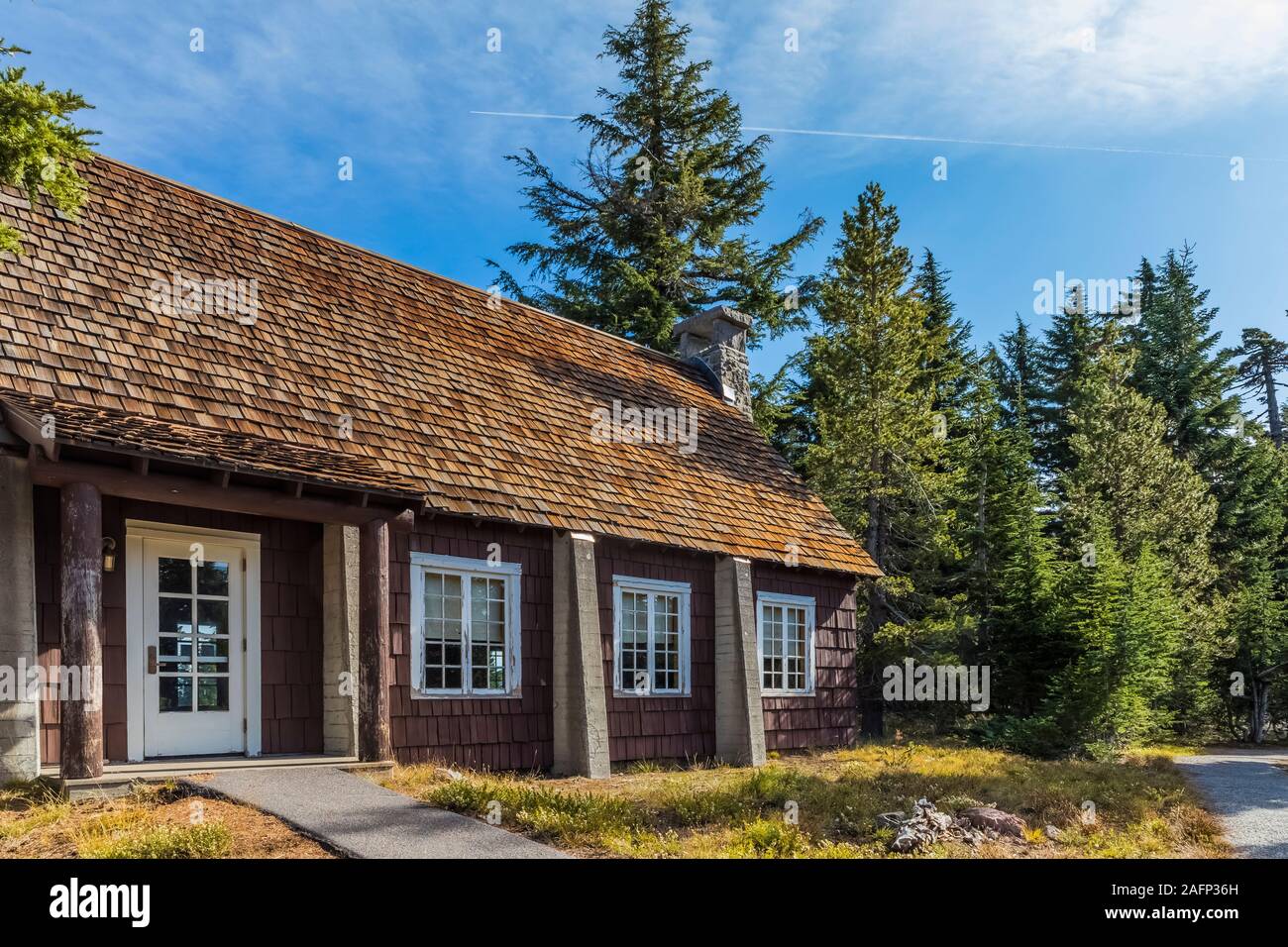 Comunità rustica casa in Rim Village, il Parco nazionale di Crater Lake, Oregon, Stati Uniti d'America Foto Stock