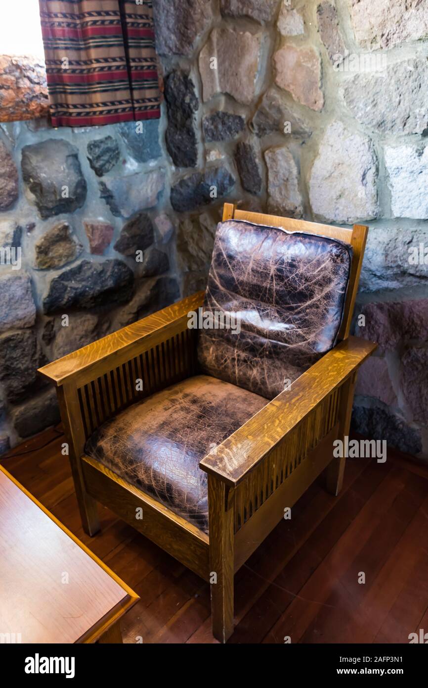 Arredamento rustico storico di Crater Lake Lodge nel Parco nazionale di Crater Lake in Oregon, USA Foto Stock