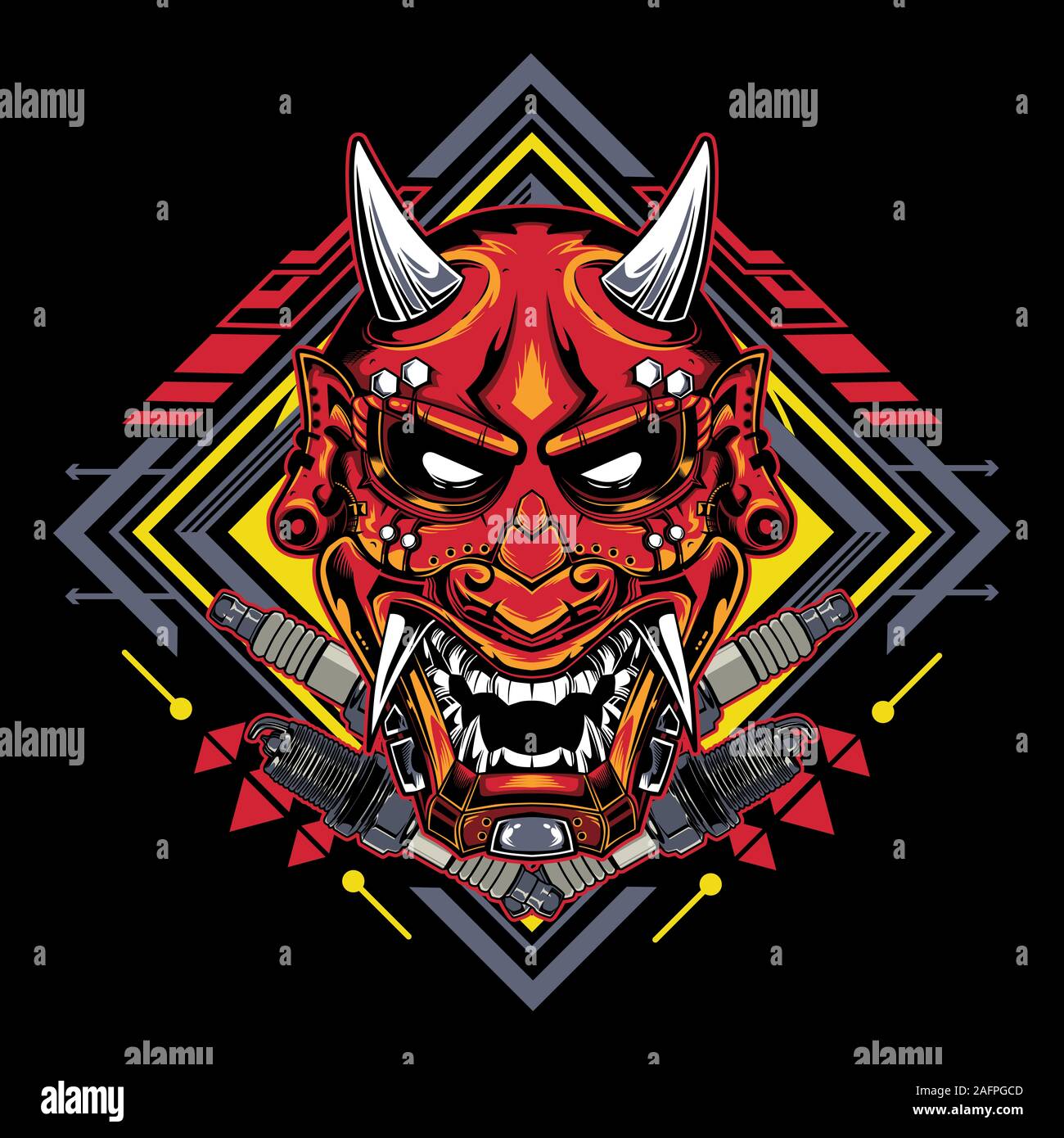 Il demone giapponese maschera tribale con geometria sacra per T-Shirt grafica, Hoodies, canotte, tazze, telefono casi, adesivi, manifesti ecc. Foto Stock