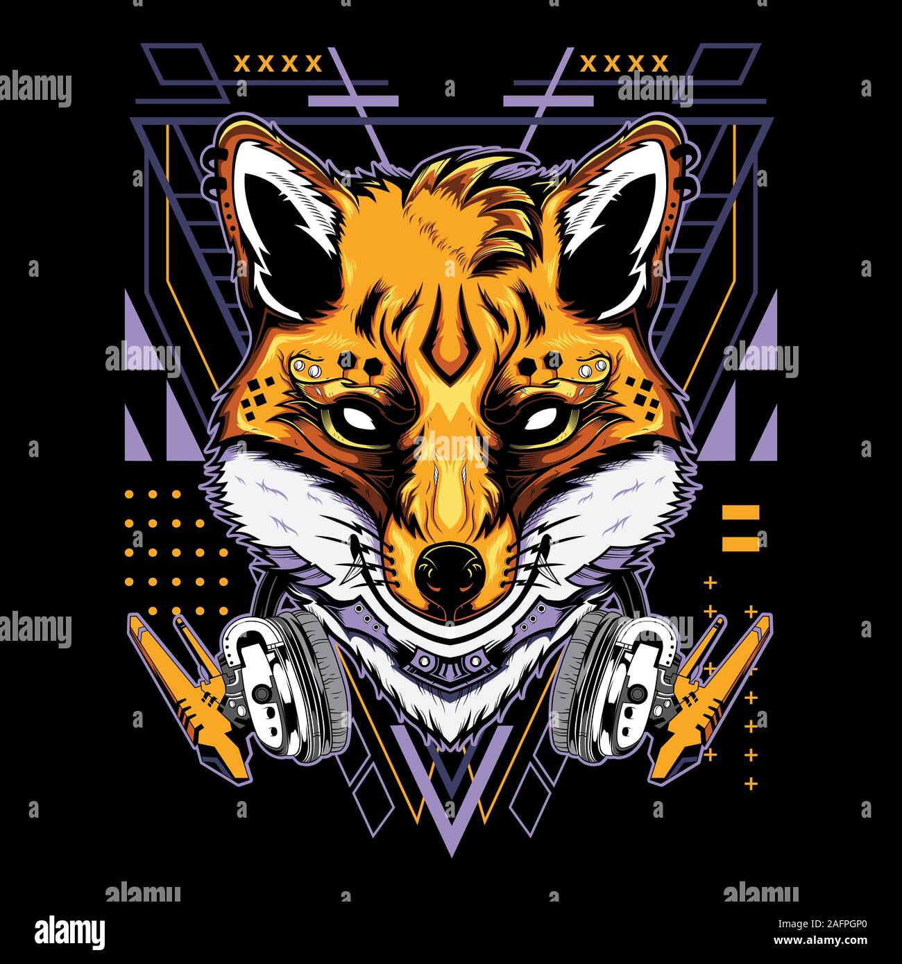Cool Kitsune Demon Fox con cuffie Techno illustrazione di geometria in sfondo nero Foto Stock