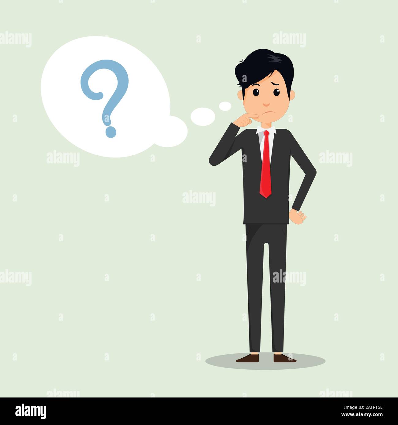 Uomo d'affari di pensare con punto interrogativo nella bolla di pensare illustrazione vettoriale. Uomo di affari e domanda in bolla pensare. Vector illustrator. Illustrazione Vettoriale