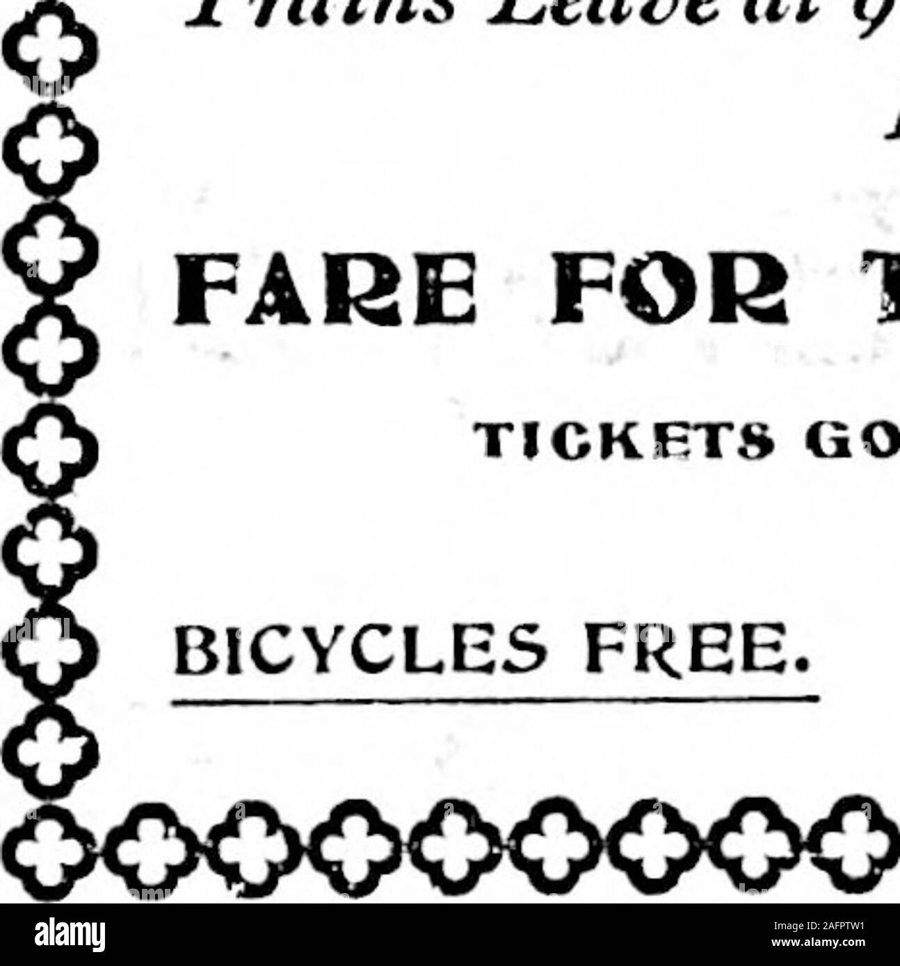 . Daily colono (1900-06-01). I treni partono a g del mattino e le 2 p.m. Tornando lasciare Duncans a 6.15p.m. Costo del biglietto per il viaggio di andata e ritorno, 50 GTS- biglietti buono per le stazioni intermedie.. GEO. L COURTNEY, Responsabile Traffico E. 4 N. Ity.OOOOO OOOO Foto Stock