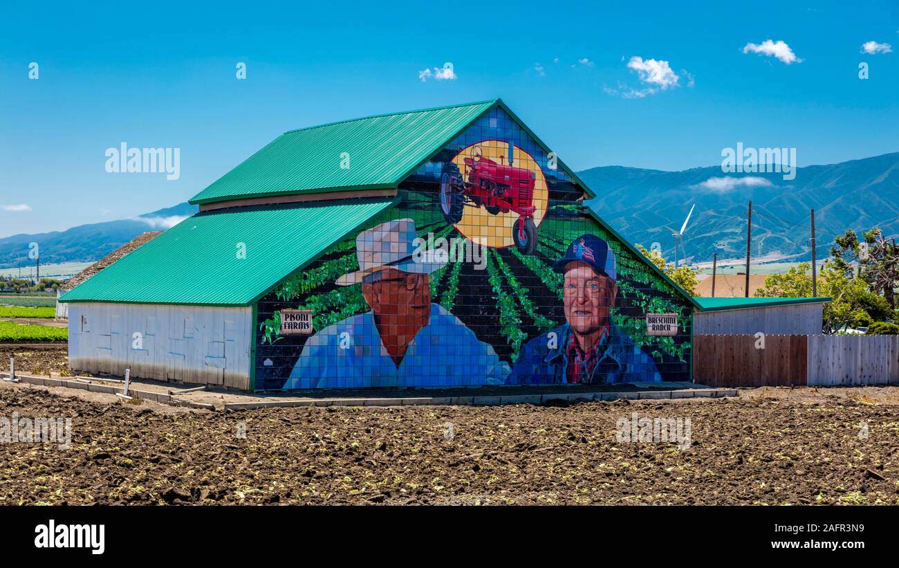 Giugno 2, 2019, Central Valley in California, Stati Uniti d'America - fienile con murale di due agricoltori nella Valle Centrale California Foto Stock