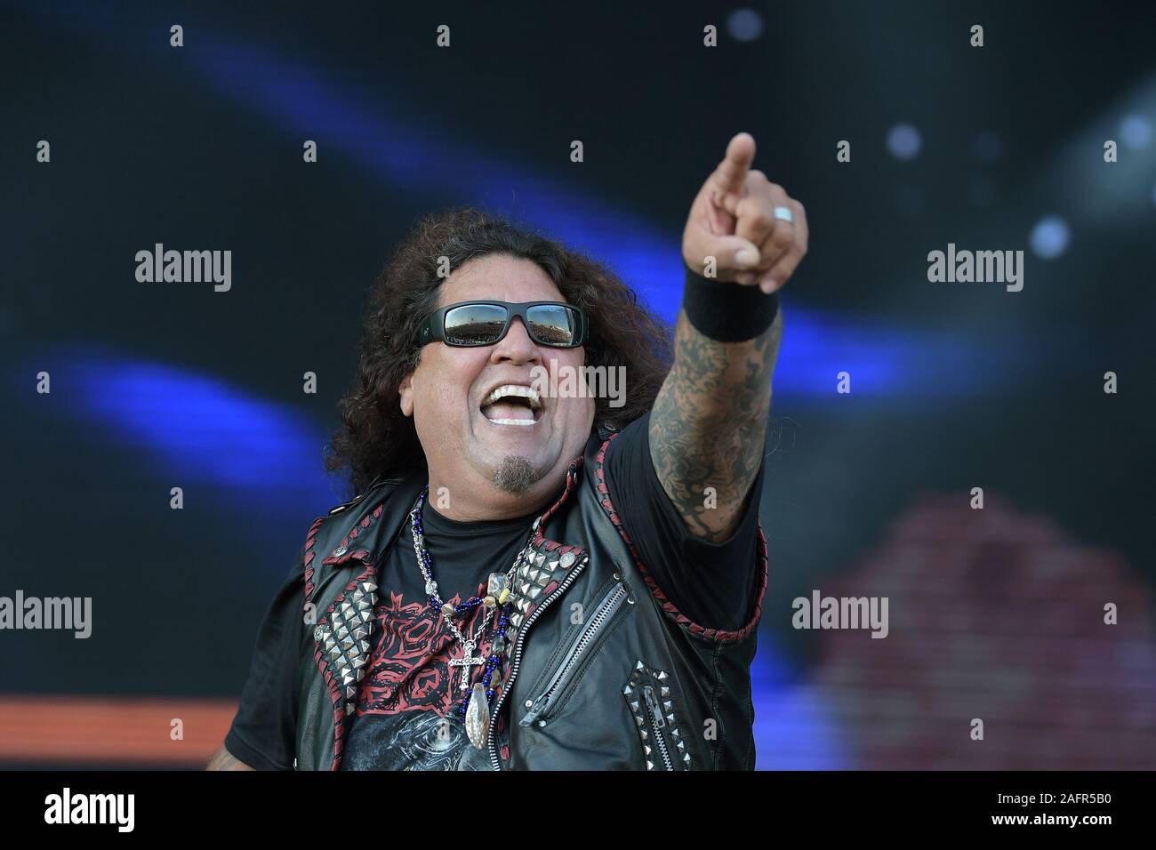 Rio de Janeiro, Brasile, 4 ottobre 2019. Cantante Chuck Billy del cestino in metallo testamento band durante un concerto al Rock in Rio 2019 a Rio de Jane Foto Stock