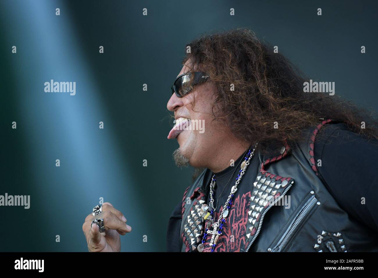 Rio de Janeiro, Brasile, 4 ottobre 2019. Cantante Chuck Billy del cestino in metallo testamento band durante un concerto al Rock in Rio 2019 a Rio de Jane Foto Stock