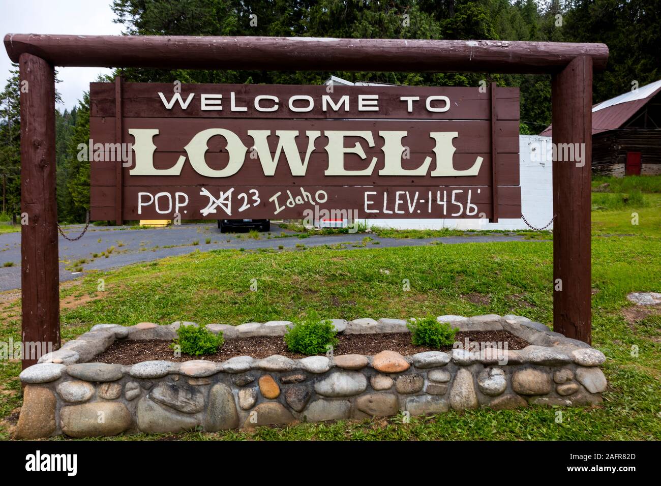 Maggio 25, 2019, in Idaho, Stati Uniti d'America - Benvenuti a Lowell Idaho, Popolazione 24, intendo 23! Elevazione 1456 Foto Stock