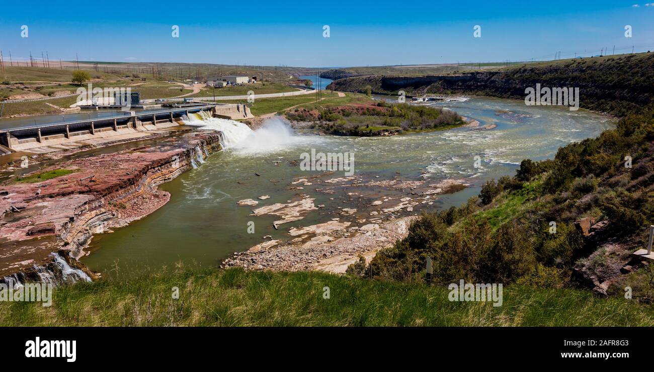 Maggio 23, 2019, great falls, MT., Stati Uniti d'America - Rainbow diga di grandi cascate del fiume Missouri a Great Falls, Montana e la centrale idroelettrica Foto Stock