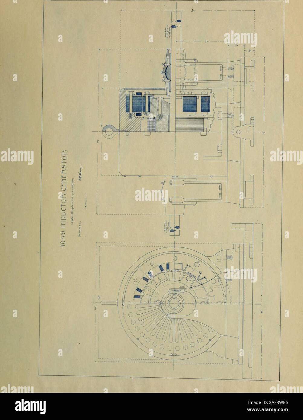 . Progettazione di 40 K. W. induttore generatore. il ma.chine. Il extrene diametro della bobina di campo essendo 17 pollici,l'circia!iferential lunghezza é TTd = 3,1416 X .17 - inchesThen poiché la larghezza del ceil ie V pollici, la afea di thec^aindrical superficie radiante è 5yy,8 &gt;: 7 = 376.G squ^ire inchesTo questa deve essere aggiunto ^^bout 30 centimetri quadrati di radiatingsurface su ciascun lato della bobina, come previsto per la con-struction della rocca; questo naKes un totale di 376 + 6 0 - 436 sqiiare pollici .quindi ?89 / 436 = ,66 watt perso por snuare pollice di radiat-ing superficie. Con 4.1 airtperes passante flcuing Foto Stock