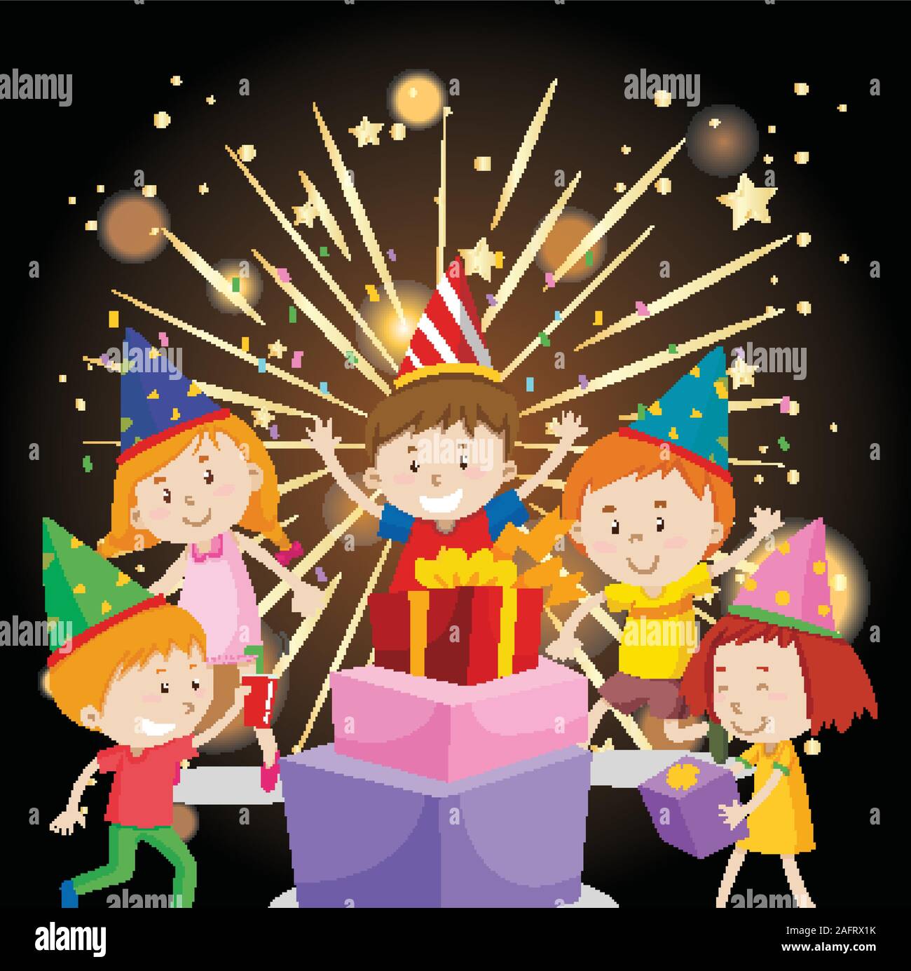Contenti i bambini aventi parte con presenta e fuochi d'artificio illustrazione Illustrazione Vettoriale