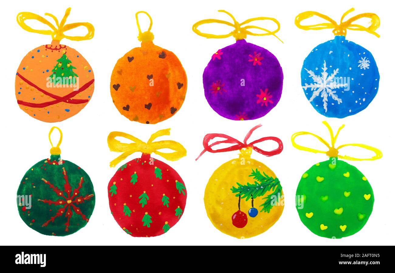 Acquerello disegno disegnato a mano di colorful Natale baubles sfere palline set collezione, isolato Foto Stock
