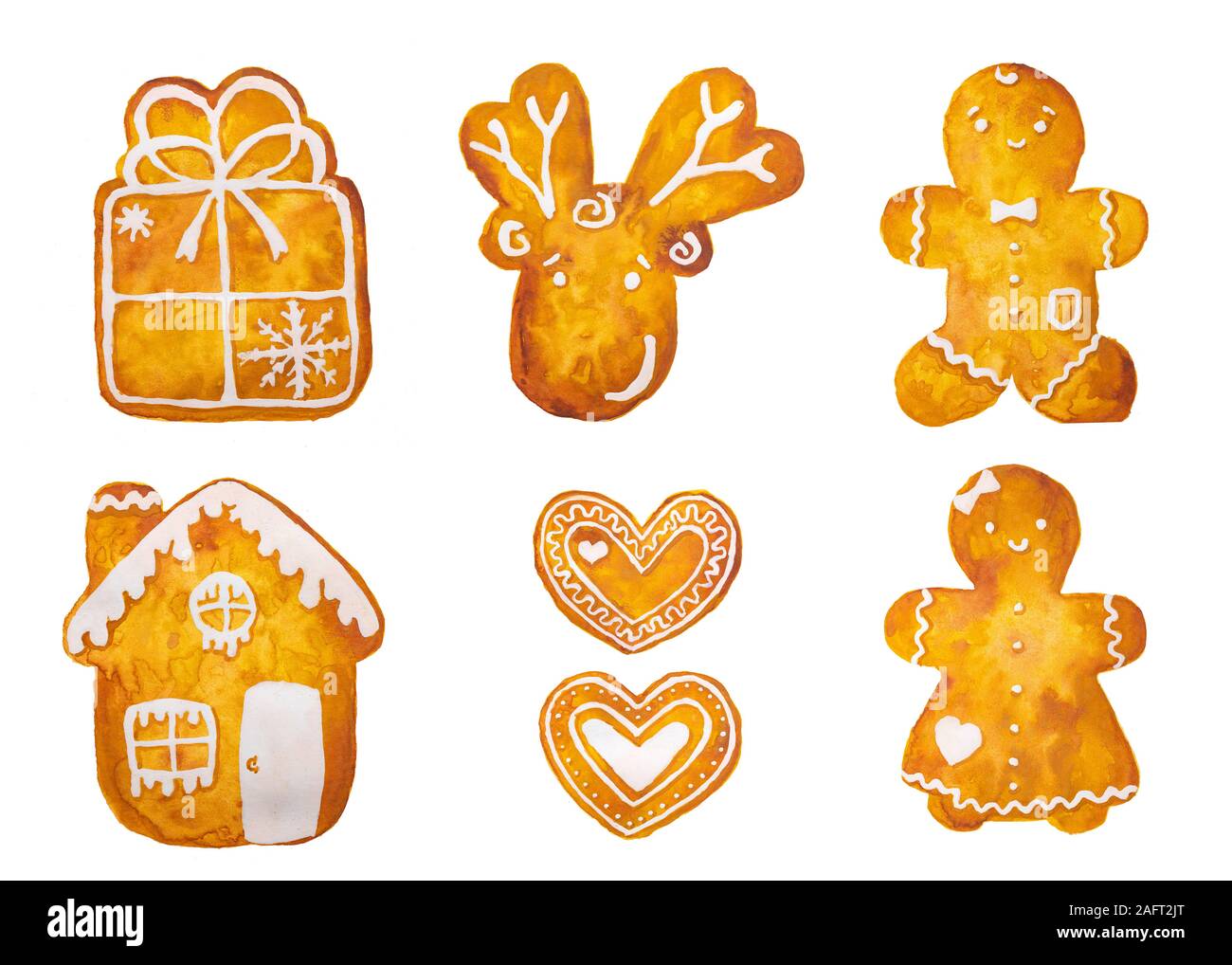 Disegno di acquerello disegnato a mano di Natale pan di zenzero uomo fiocco di neve stella albero di pupazzo di neve calza, isolato Foto Stock