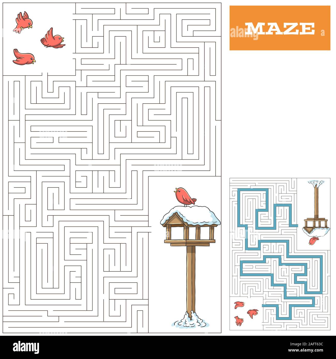 Cartoon gioco puzzle con soluzione. Disegnare a mano illustrazione vettoriale con strati separati. Illustrazione Vettoriale