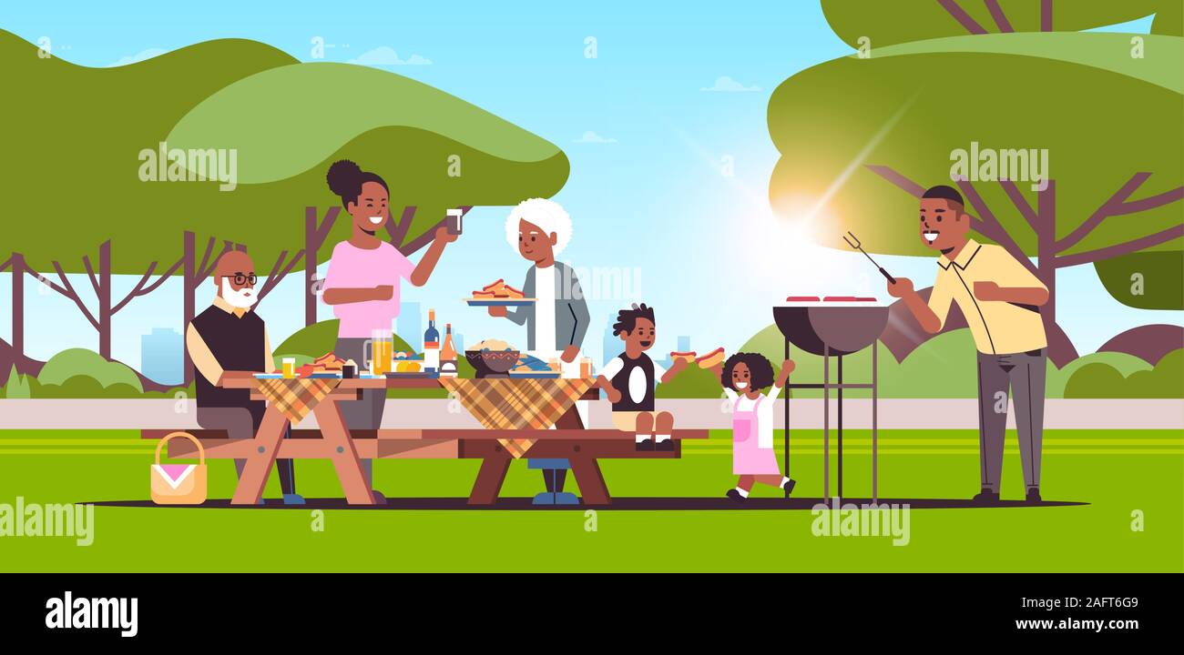 Multi generazione famiglia preparando hot dogs sul grill picnic barbecue party nozione d'estate il parco paesaggio piatto di sfondo per tutta la lunghezza orizzontale illustrazione vettoriale Illustrazione Vettoriale