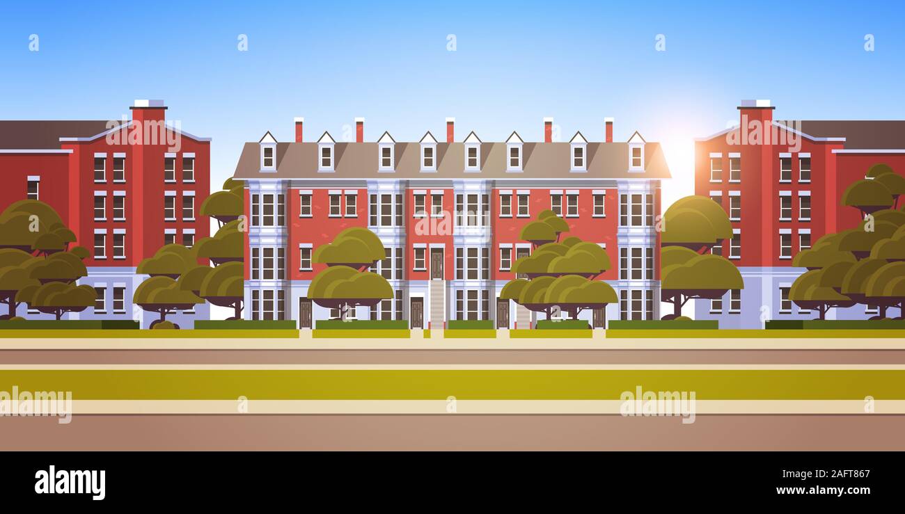 Città costruire case esterno città moderna strada tramonto cityscape sfondo piatto orizzontale illustrazione vettoriale Illustrazione Vettoriale