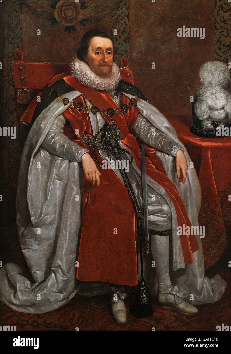 Jacobo I de Inglaterra e Irlanda y VI de Escocia (1566-1625). Retrato realizado por Daniel Mytens (1590-1647/48). Oleo sobre lienzo, 1621. National Portrait Gallery. Londres. Inglaterra. Foto Stock