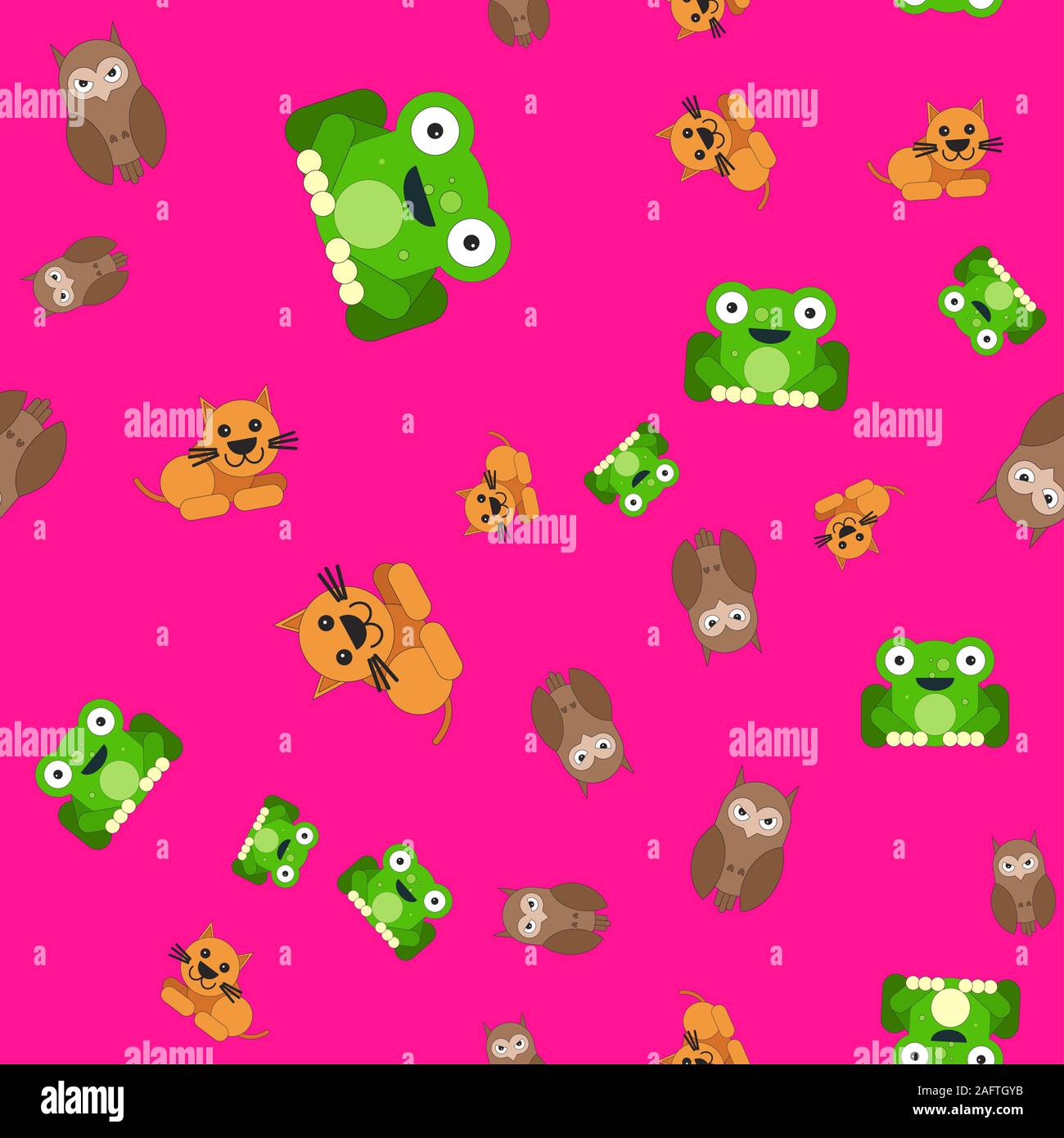 Seamless pattern del Civetta e rana cat. illustrazione in stile cartoon su uno sfondo colorato. Foto Stock