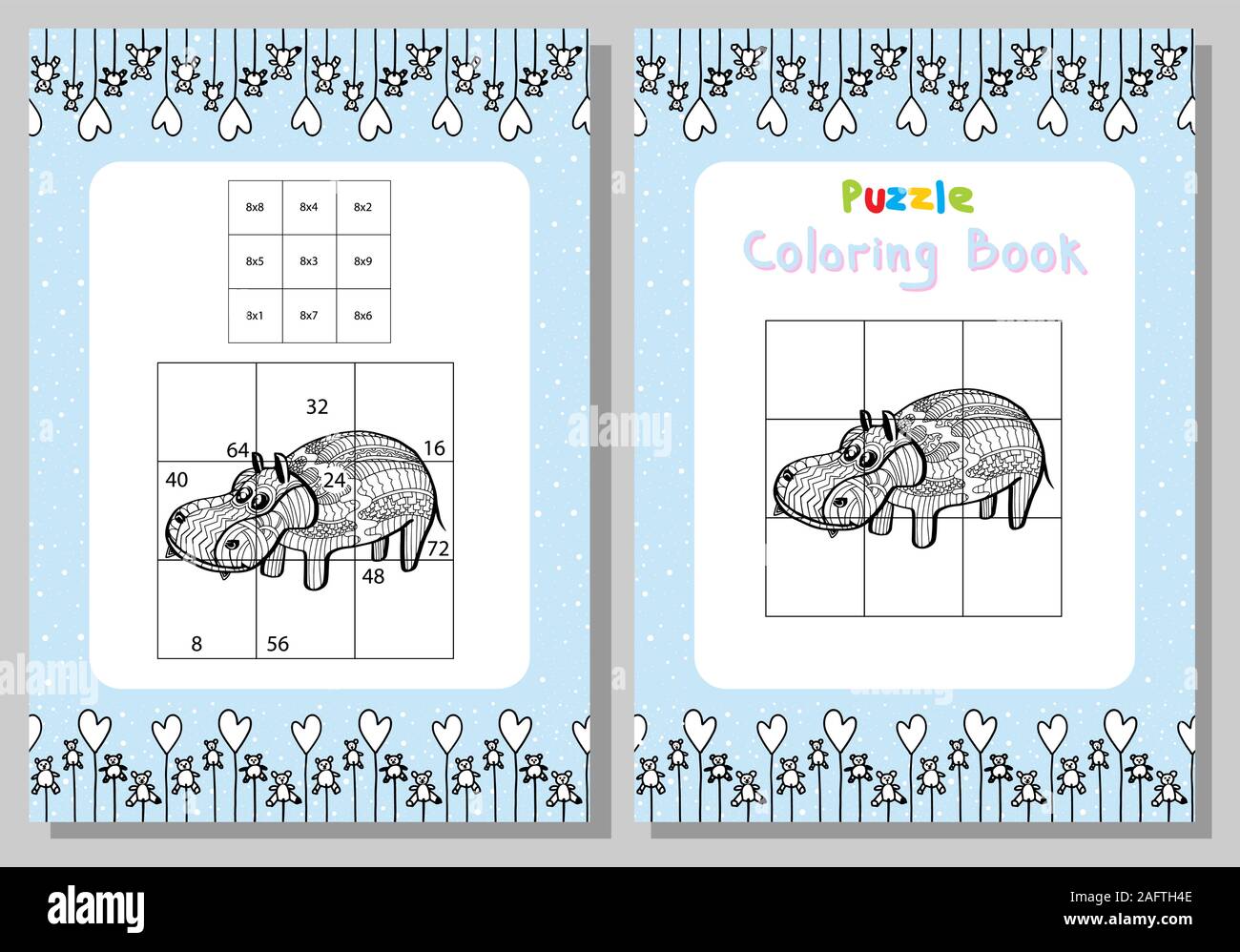 Tabella di moltiplicazione. Puzzle Coloring Book Ippona. Stile infantile. Giochi didattici. Gioco.vettore Illustrazione Vettoriale