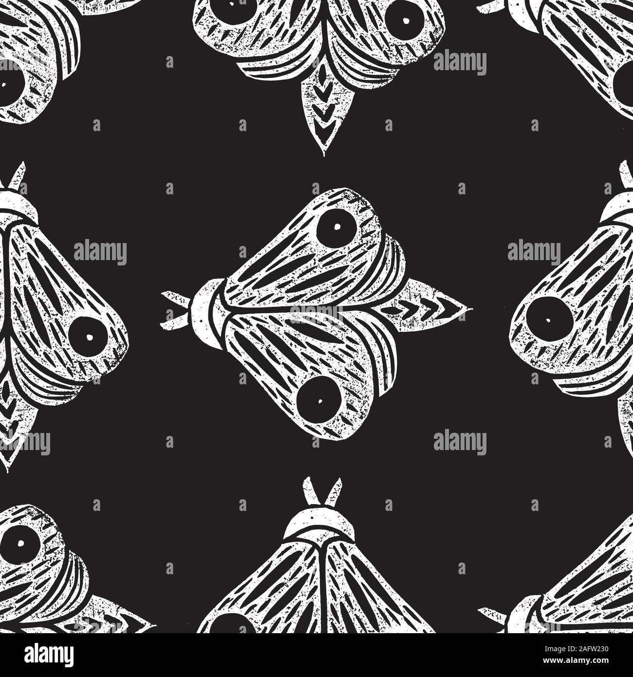 Farfalle. Modello senza giunture. Linocut artigianale di illustrazione vettoriale. Isolato bianco su nero Illustrazione Vettoriale