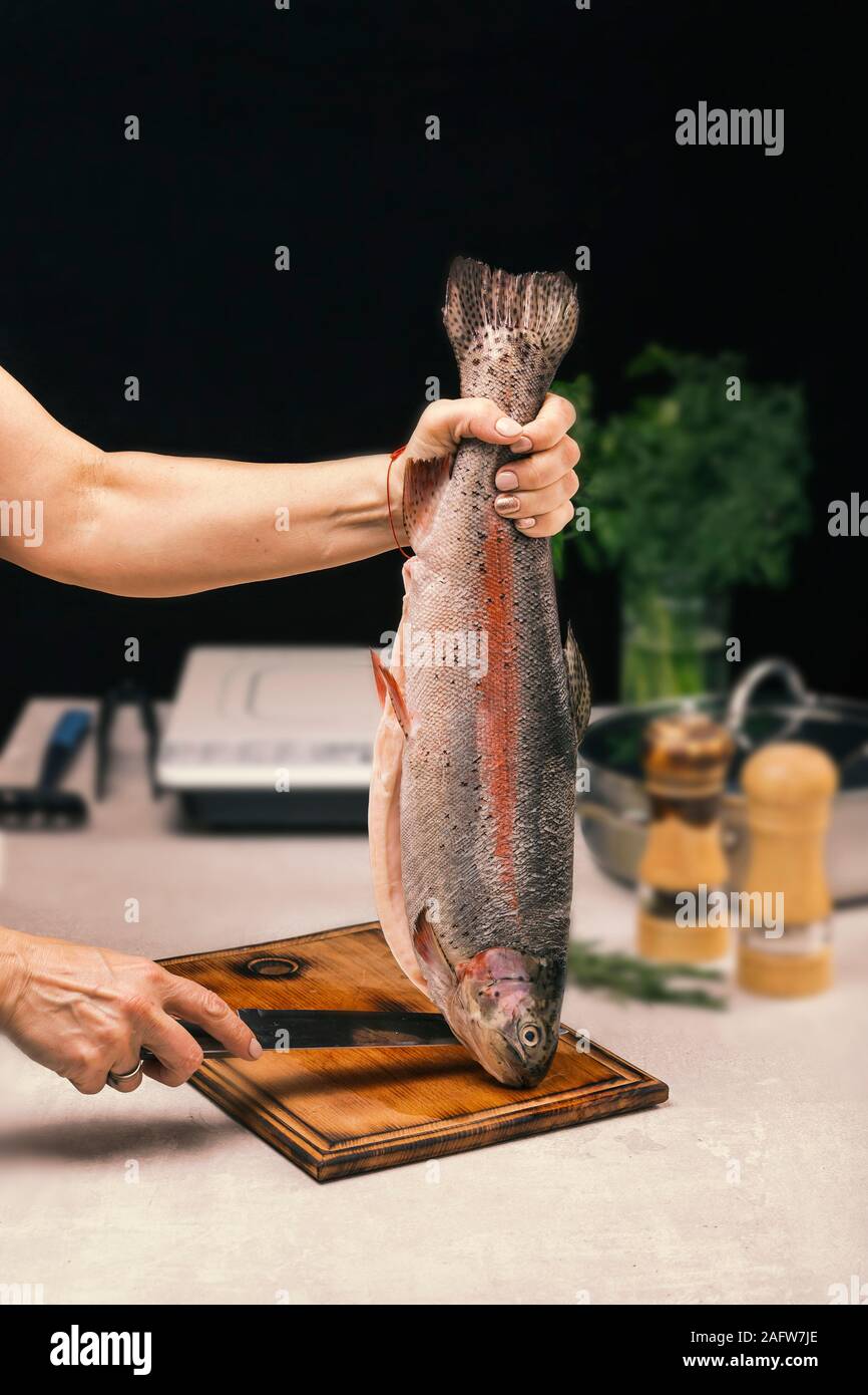 Salmone alla griglia bistecca, mangiare sano, materie di salmone salmone, pesce, zuppa di pesce bouillabaisse zuppa Foto Stock