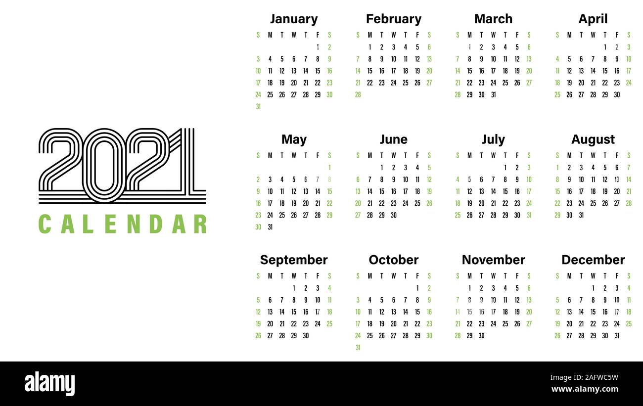 2021 Calendario modello illustrazione vettoriale semplice design week comincia domenica indicano i fine settimana con rosso Illustrazione Vettoriale