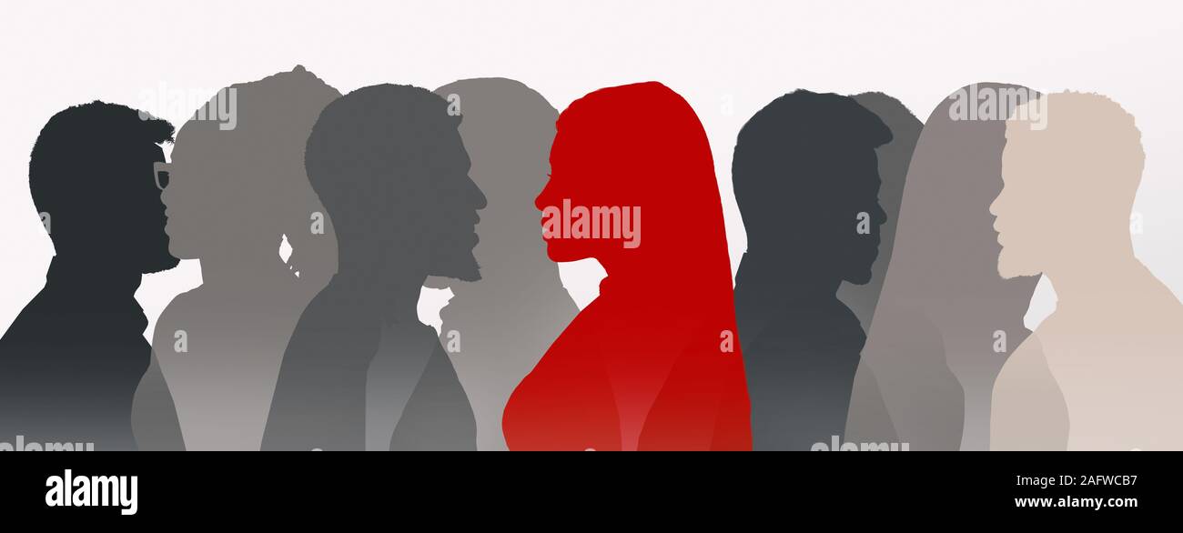 Rosso silhouette femmina grigio tra persone di ombre Foto Stock