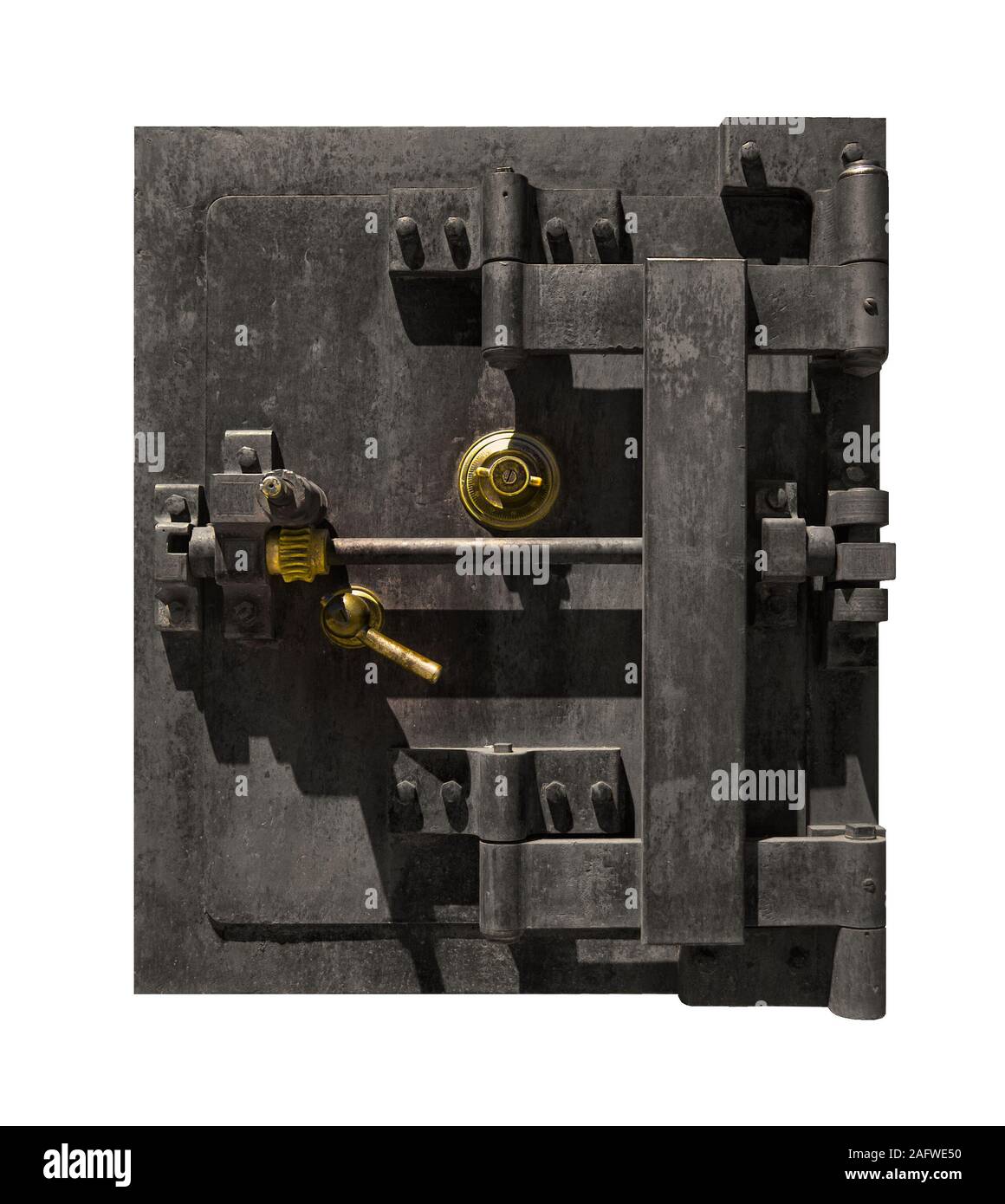 Un massiccio in acciaio nero cassaforte con elementi d'oro Foto Stock