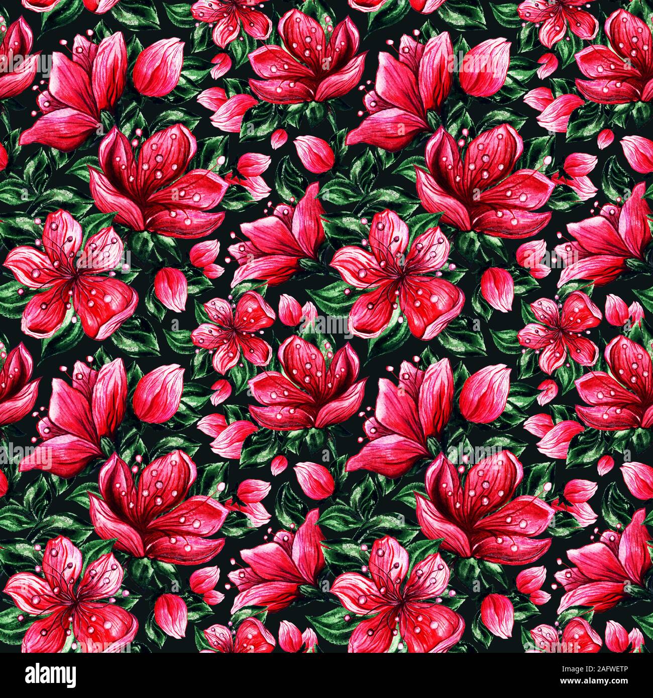 Ciliegia giapponese o red sakura. Rosa disegni floreali. Seamless disegno ad acquerello per tessuto design tessile o sfondi. Romantico motivo floreale Foto Stock