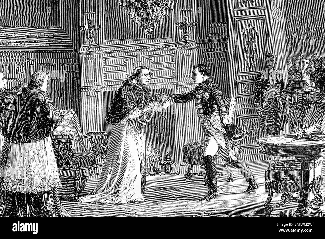 Napoleone le visite del Papa Pio VII a Fontainebleau, Francia. Il Papa quale Napoleone rapiti perché ha rifiutato di dare loro stati pontifici.illustrat antichi Foto Stock