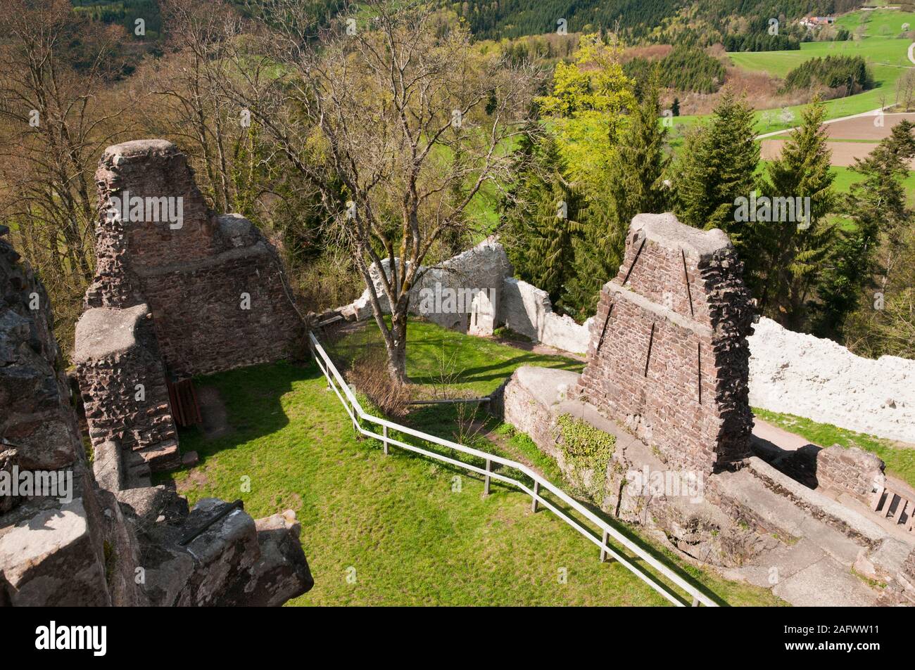 Rovine di Burgruine Hohengeroldseck castello su Schonberg collina vicino Seelbach, Foresta Nera, Baden-Württemberg, Germania Foto Stock