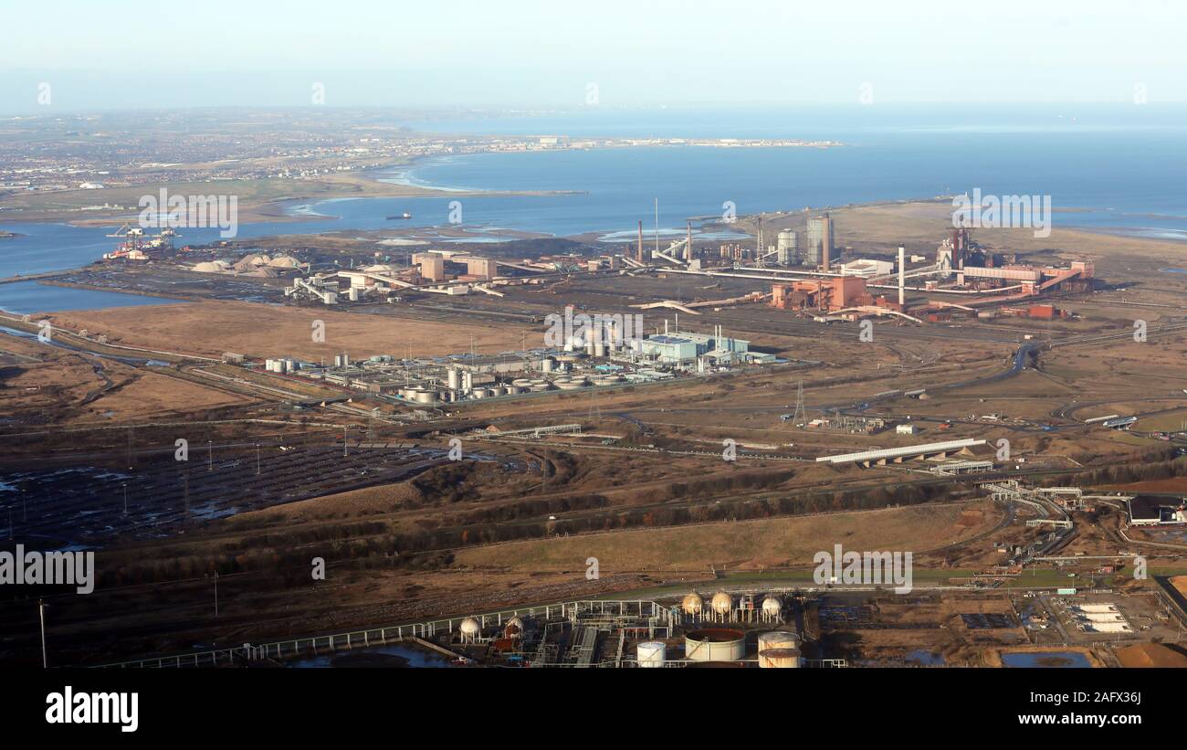 Vista aerea dell'acciaieria Teesside (o a volte chiamato Redcar acciaierie) nel nord-est dell'Inghilterra, Regno Unito Foto Stock