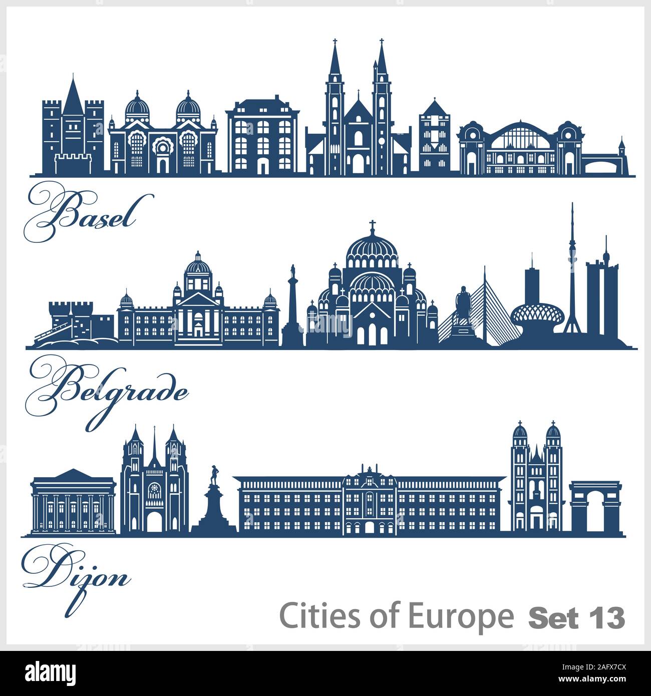 Città in Europa - Basilea, Digione, Belgrado. Architettura dettagliata. Illustrazione vettoriale alla moda. Illustrazione Vettoriale
