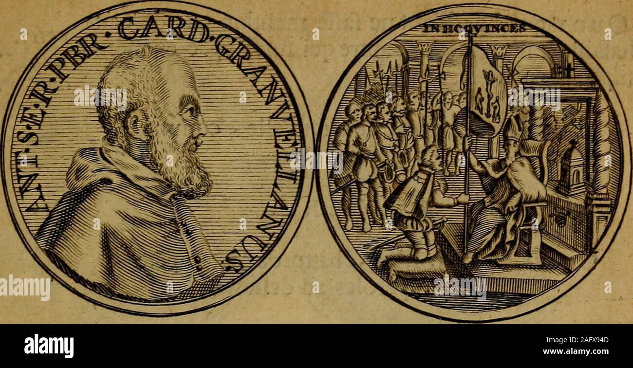 . Histoire metallique de la Republique de Hollande.. s Granvell ano. JntûinePrêtre de la Sainte Egljfe mi^mainet Cardinalde^ Granvelle. J&LT;^EVEJ^S. Le Même Cardinale alîîs onu donnant Etendard au DucdAlbe, qui le reçoit à genoux. Inhoçvinçes. T" raineras çn ce Signe. Ceft la Devife Cpnllantin que le Grand montare mettre dan^lèsEnfèignes, après quil leût vue paroître au CIEL au?,tour dune croix de feu en allant çoinbattre le tyran Ma-xence. Sur la fin de lunnée la Duchefïê de Parme quitta lesPays-bas pour aller en Italie trouver le DucOétavefonMary. Si lon eut fiiivi lès confeils, la Flandre nauroi Foto Stock