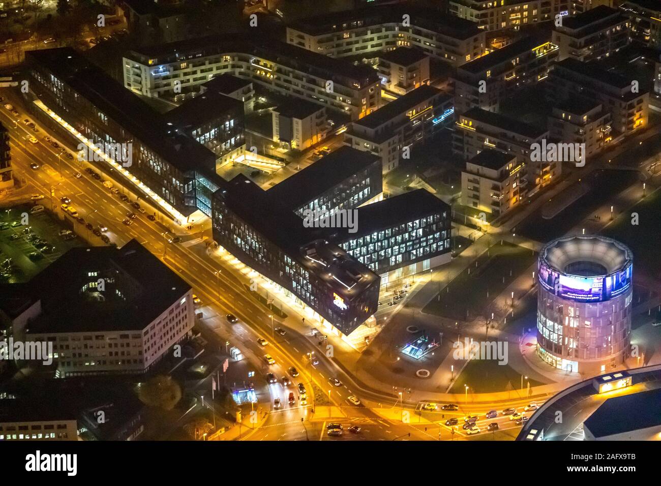 Fotografia aerea del centro di Essen, radio media center, Berliner Platz, vicino piazza Limbecker Platz shopping centre, western trimestre, Essen, la zona della Ruhr, N Foto Stock