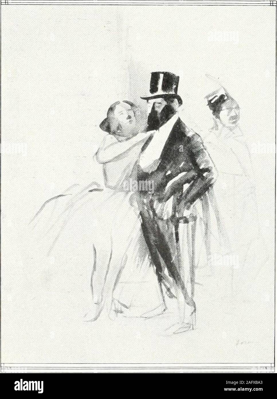 . Studio internazionale. ortant quotidiani e periodicalsof Parigi, oltre a portare fuori nel 1889-90 il Fifrc,la propria carta, che correva per quindici numeri. In tutti gli articoli e le recensioni che hanno reso thereputation di Forain il disegnatore e theinventor di leggende, suo Intrepid wit attaccato everyappearance considerata rispettabile e ogni vicehypocritical o dichiarate. Egli ha in particolare fatto hisbutt finanziere, il candidato, l'auto-indulgentmiddle-uomo più anziano di mezzo con una Panza. Thisfat, rispettabile e frattanto bassa personaggio è thehero della commedia Forain, che appare in boththe in bianco e nero Foto Stock